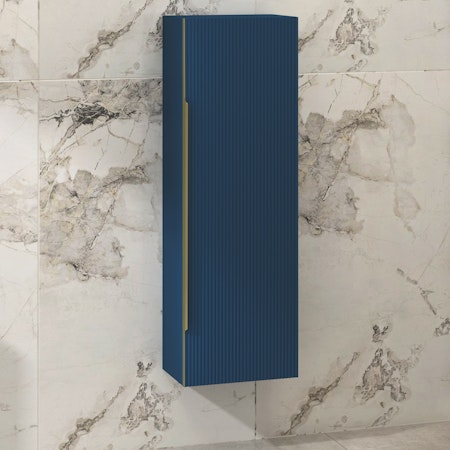 Evora 1200 x 400mm Satin Blue Single Door Brushed Brass Handle Wall Hung Tall Unit