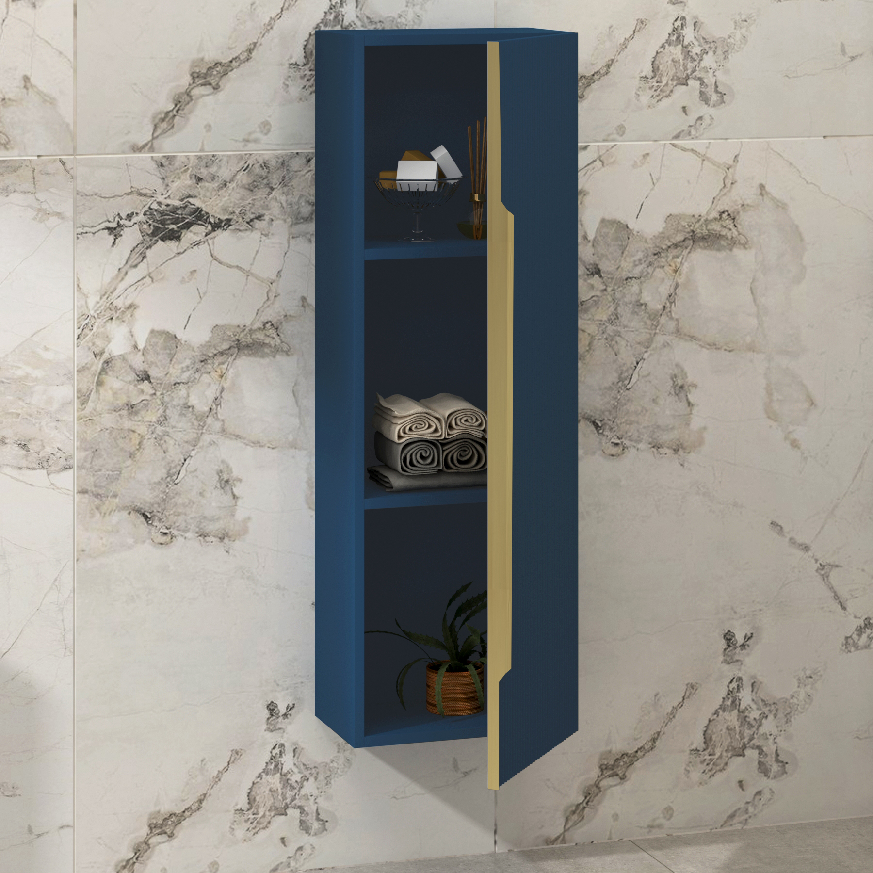 Evora 1200 x 400mm Midnight Blue Single Door Wall Hung Tall Unit Multiple Handles