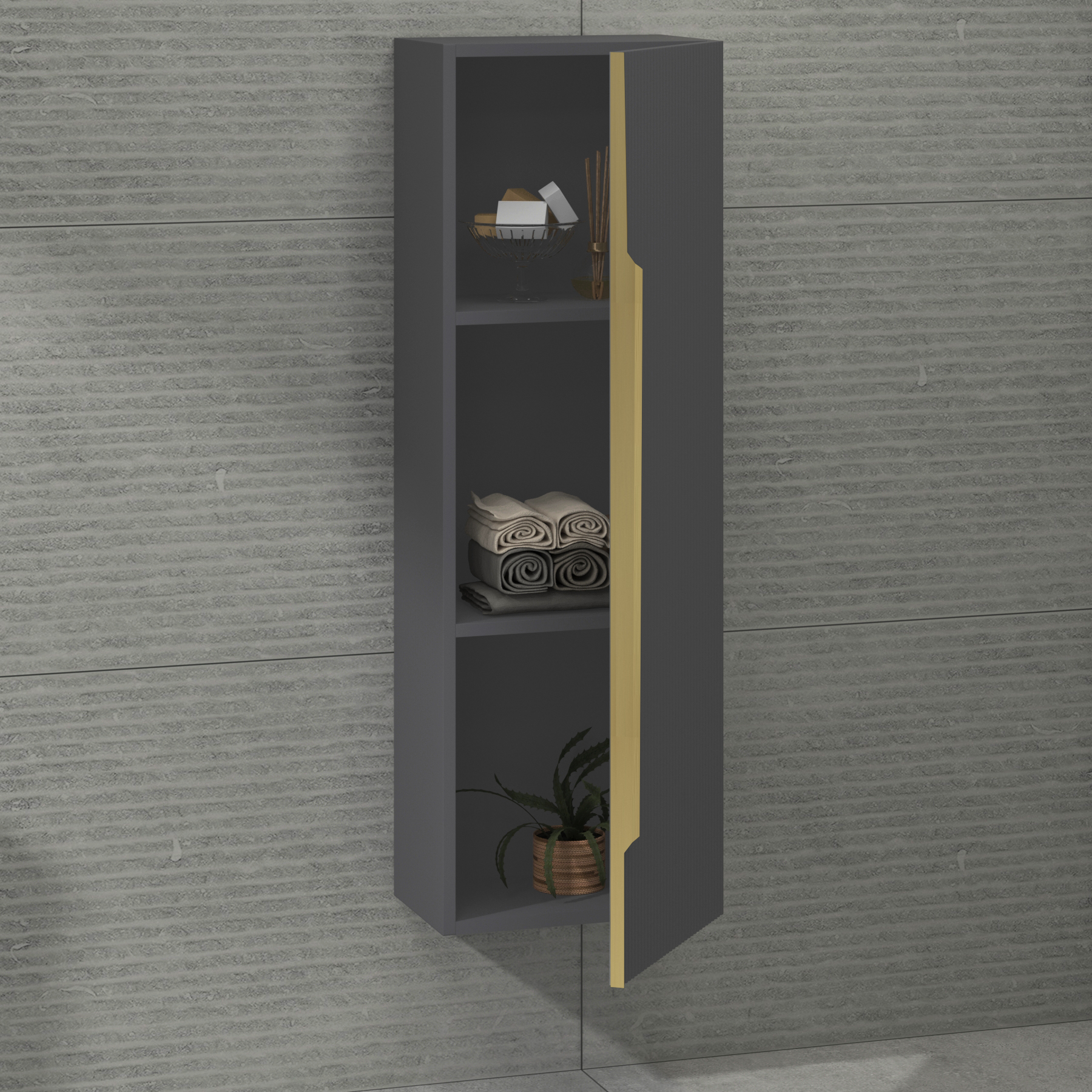 Evora 1200 x 400mm Graphite Grey Single Door Brushed Brass Handle Wall Hung Tall Unit
