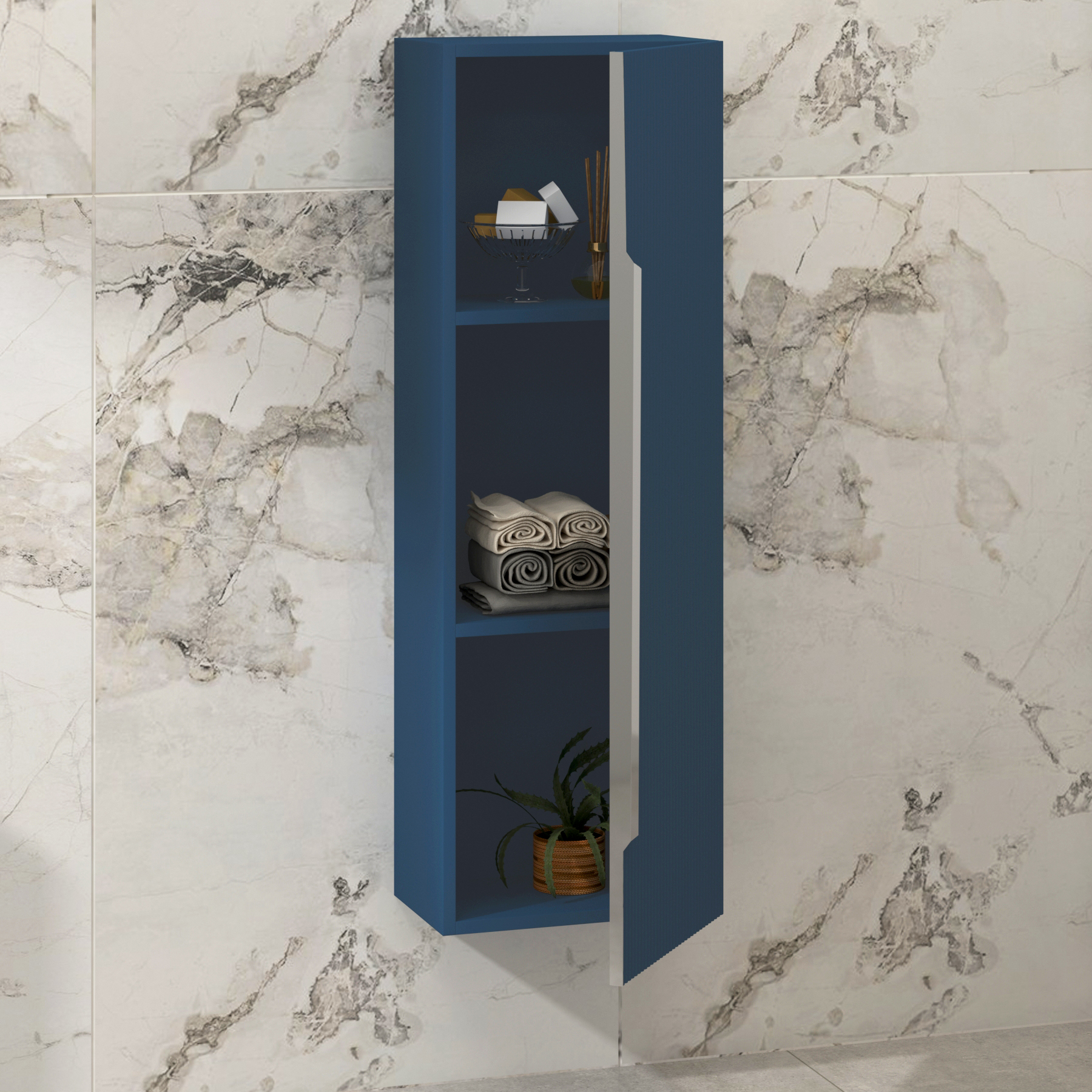 Evora 1200 x 400mm Midnight Blue Single Door Chrome Handle Wall Hung Tall Unit
