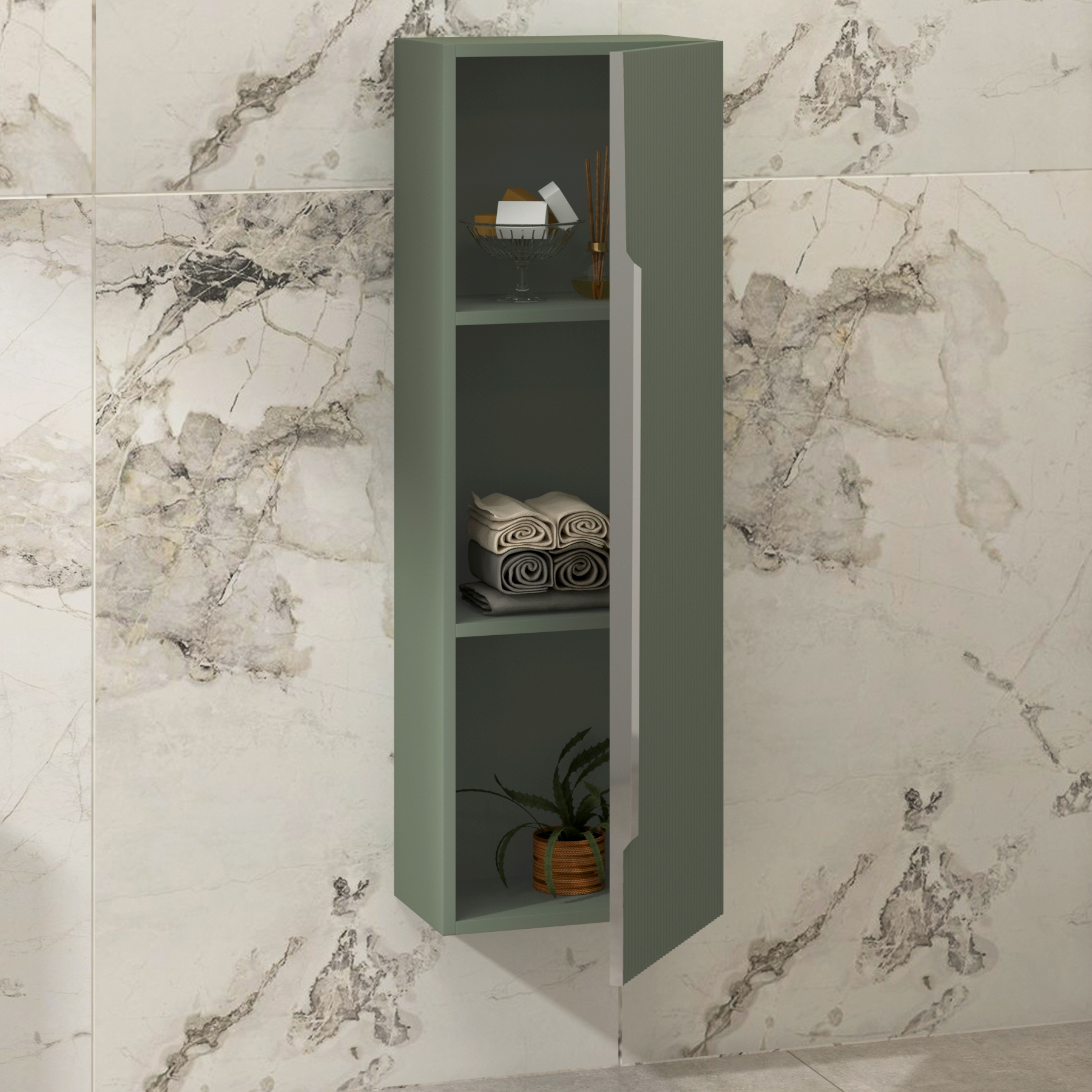 Evora 1200 x 400mm Sage Green Single Door  Wall Hung Tall Unit Multiple Handles