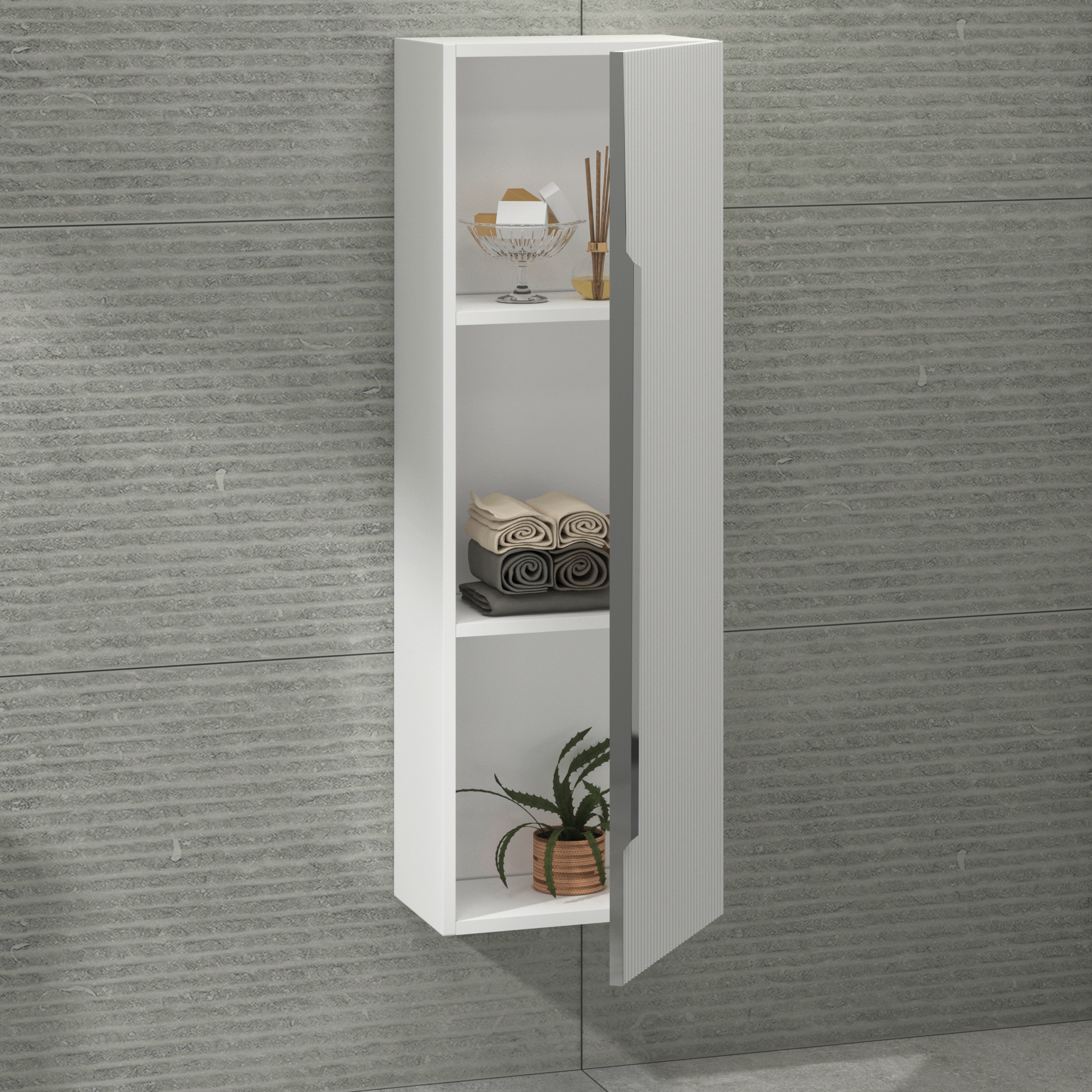 Evora 1200 x 400mm Matt White Single Door Chrome Handle Wall Hung Tall Unit