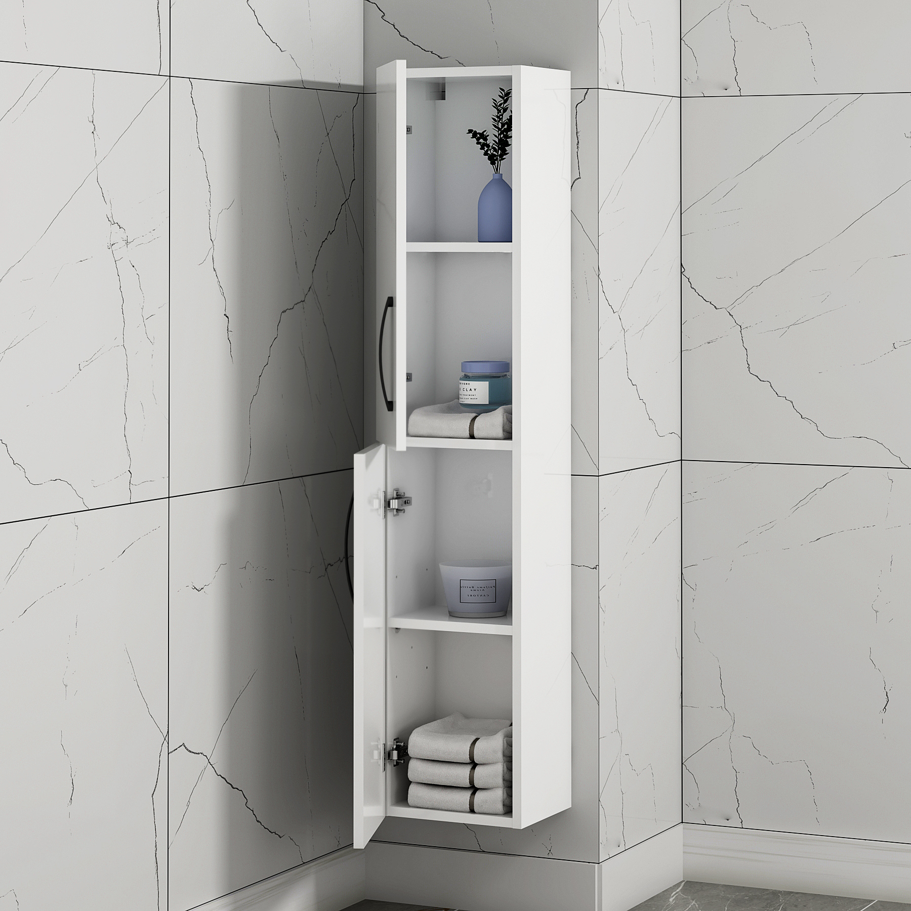 Turin 1450 x 300 x 250mm Gloss White 2Door Wall Hung Tall Boy