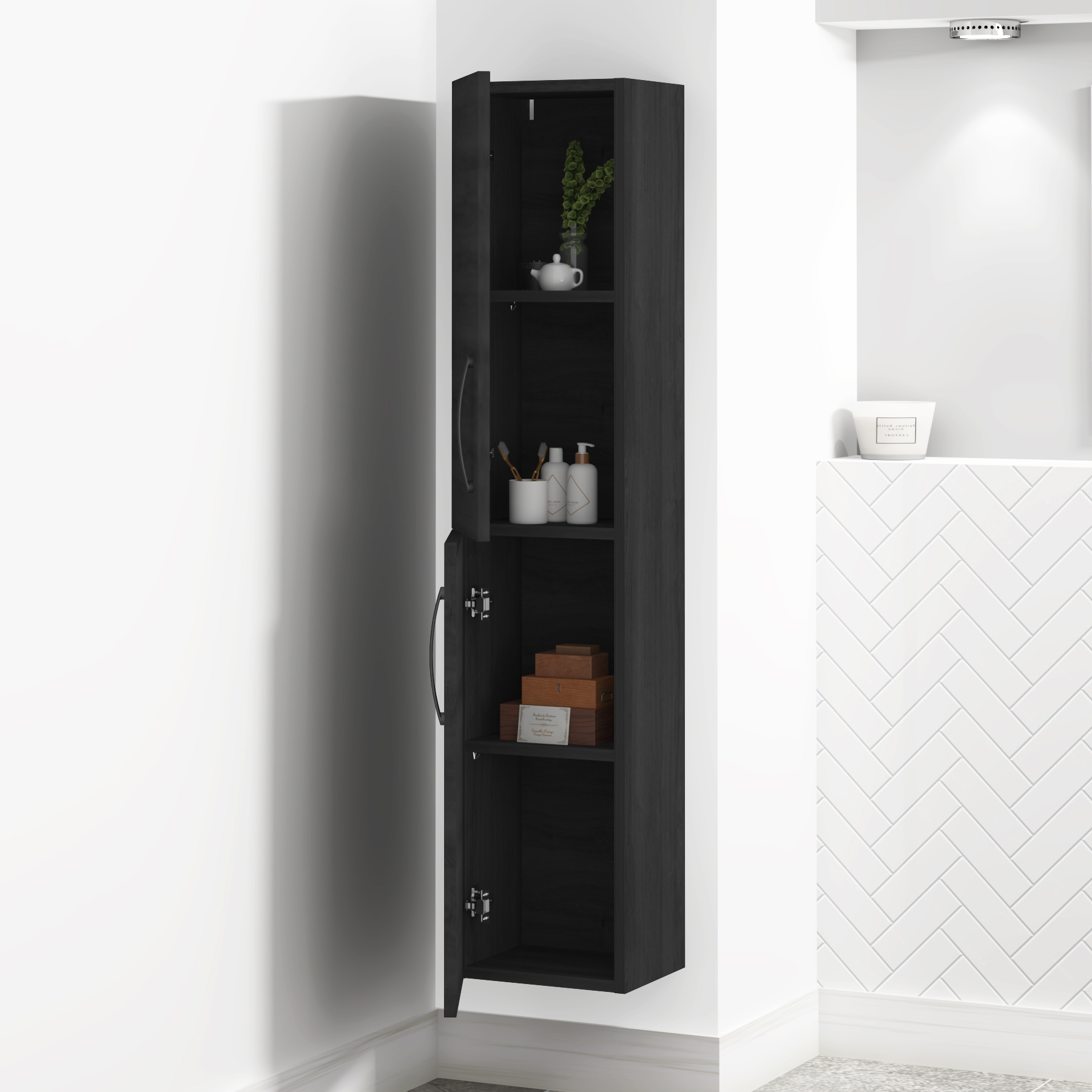 Modern Turin 1450mm Hale Black 2-Door Wall Hung Tall Boy Cabinet Unit Matt Black Handle