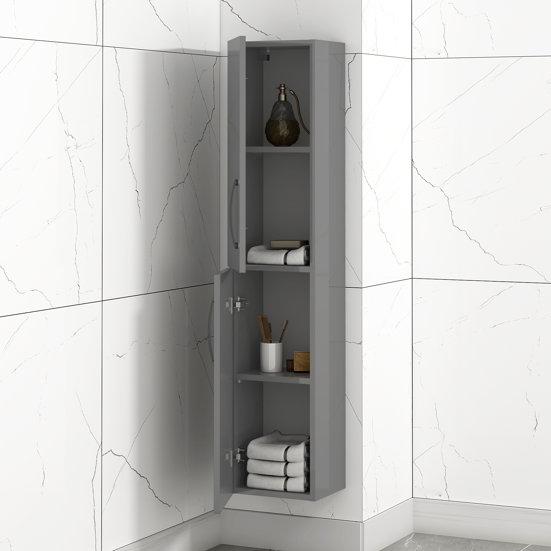Turin 1450mm Indigo Grey Gloss 2-Door Wall Hung Tall Boy Cabinet Unit Matt Black Handle