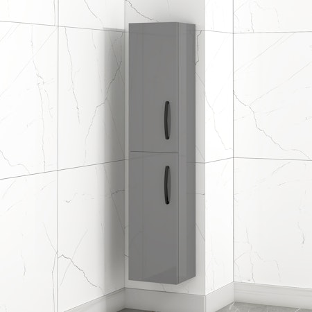 Modern Turin 1450mm Indigo Grey Gloss 2-Door Wall Hung Tall Boy Unit Matt Black Handle