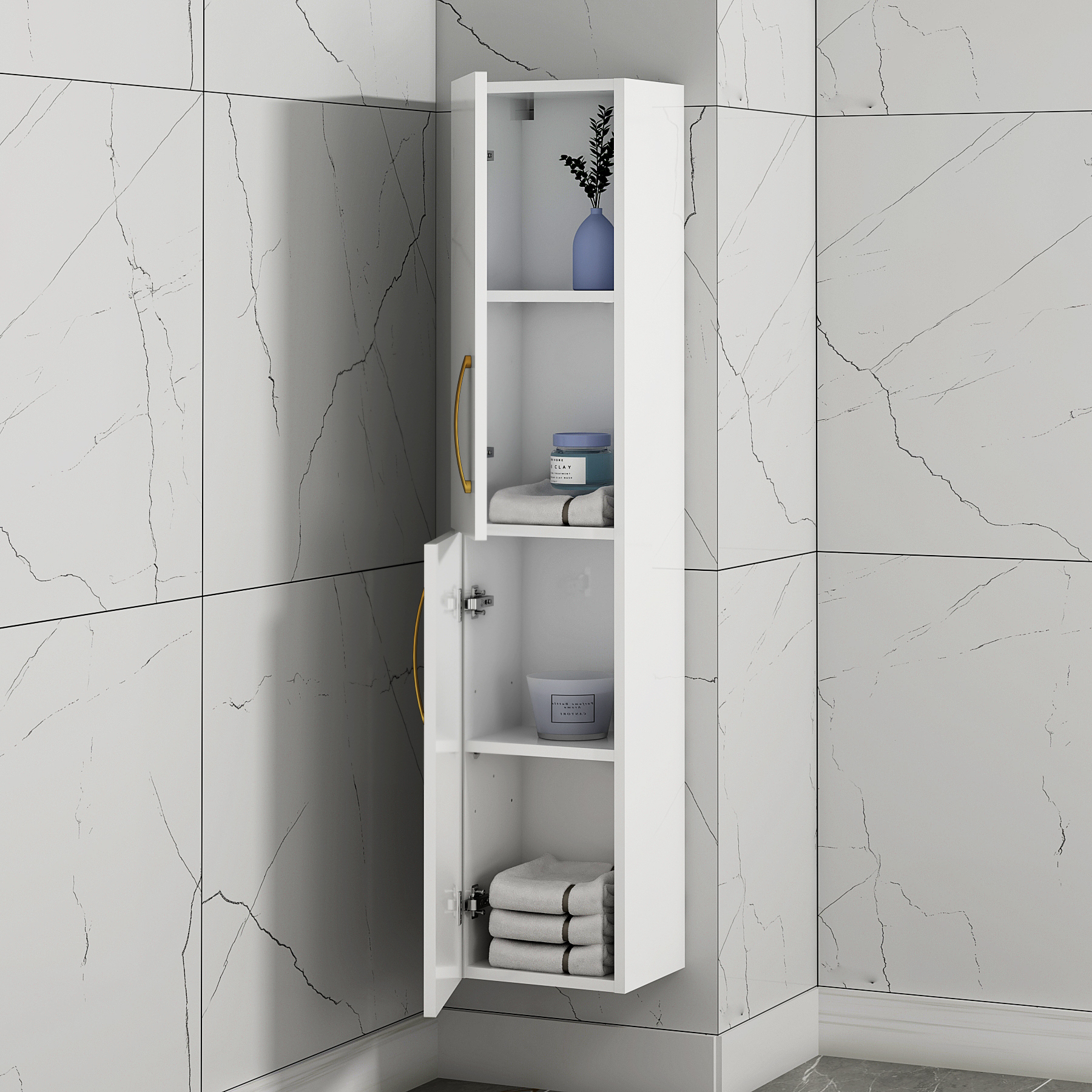 Turin 1450 x 300 x 250mm Gloss White 2-Door Wall Hung Tall Boy Cabinet Unit Multiple Handle