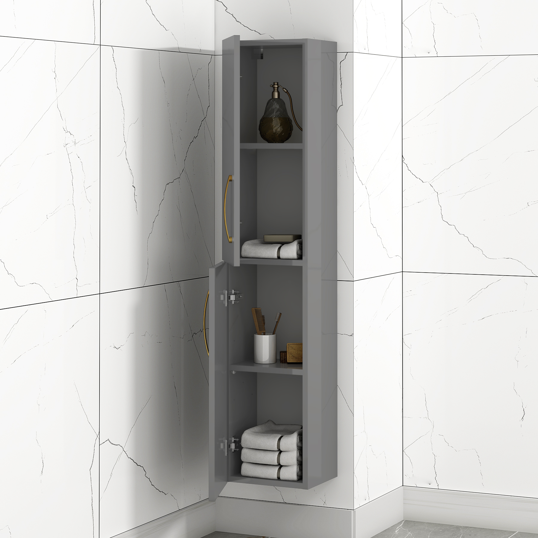 Turin 1450mm Indigo Grey Gloss 2-Door Wall Hung Tall Boy Cabinet Unit Brushed Brass Handle