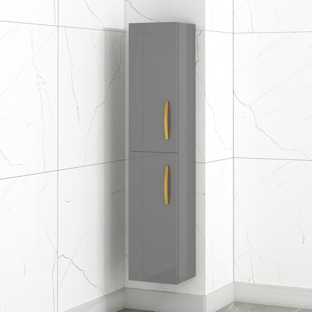 Modern Turin 1450mm Indigo Grey Gloss 2-Door Wall Hung Tall Boy Unit Brushed Brass Handle