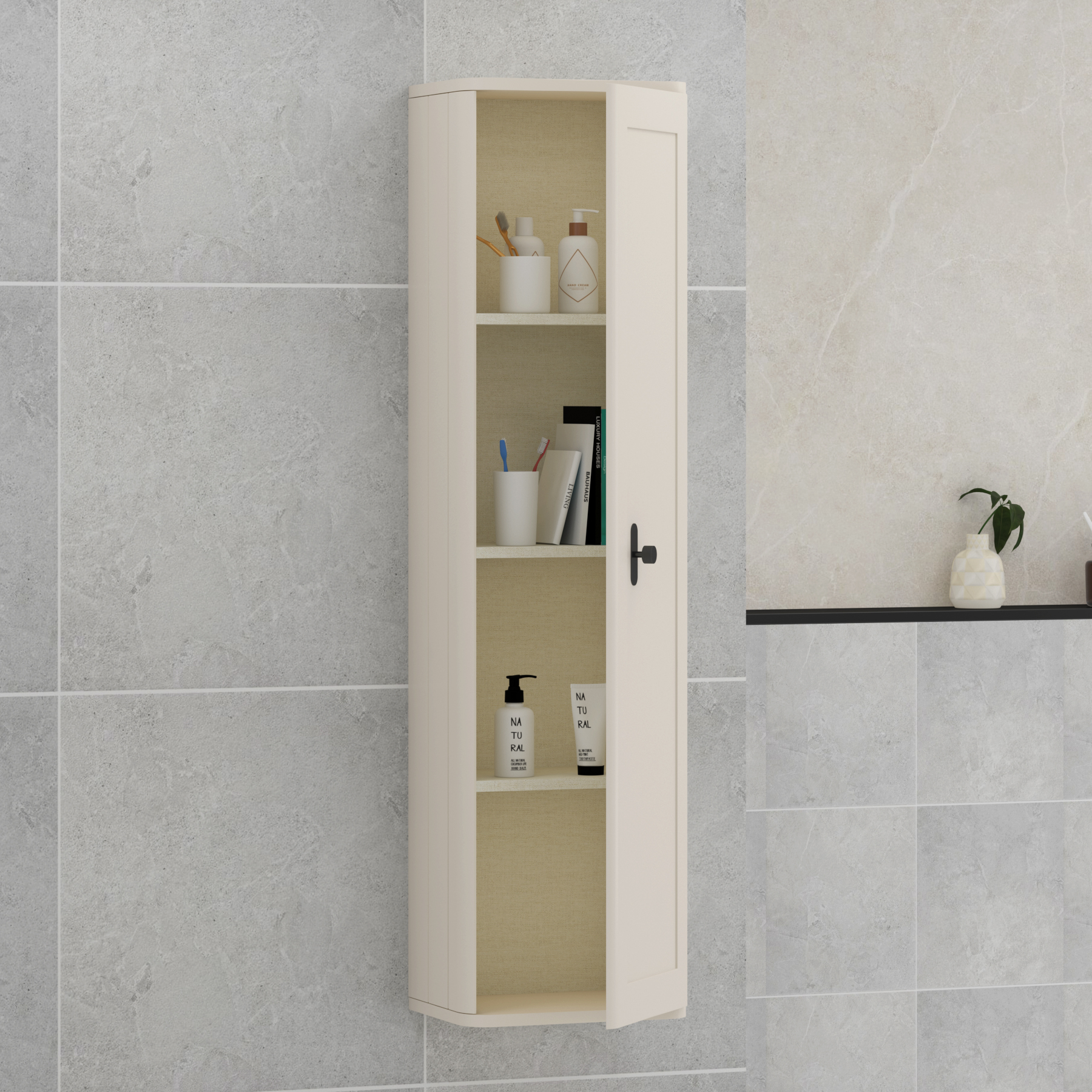 Henley 1390mm Mushroom Cashmere 1-Door Wall Hung Tall Boy Cabinet Unit with Matt Black Knob