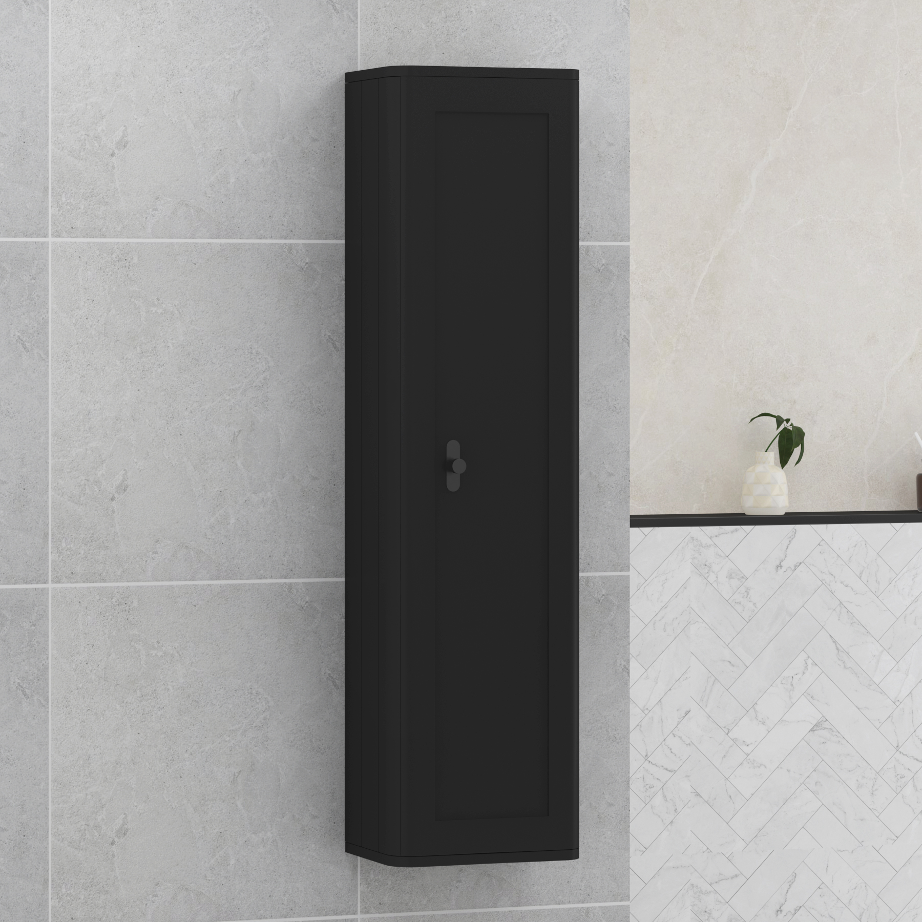 Henley 1390mm Matt Nocturne Black 1-Door Wall Hung Tall Boy Cabinet Unit with Multiples Knob