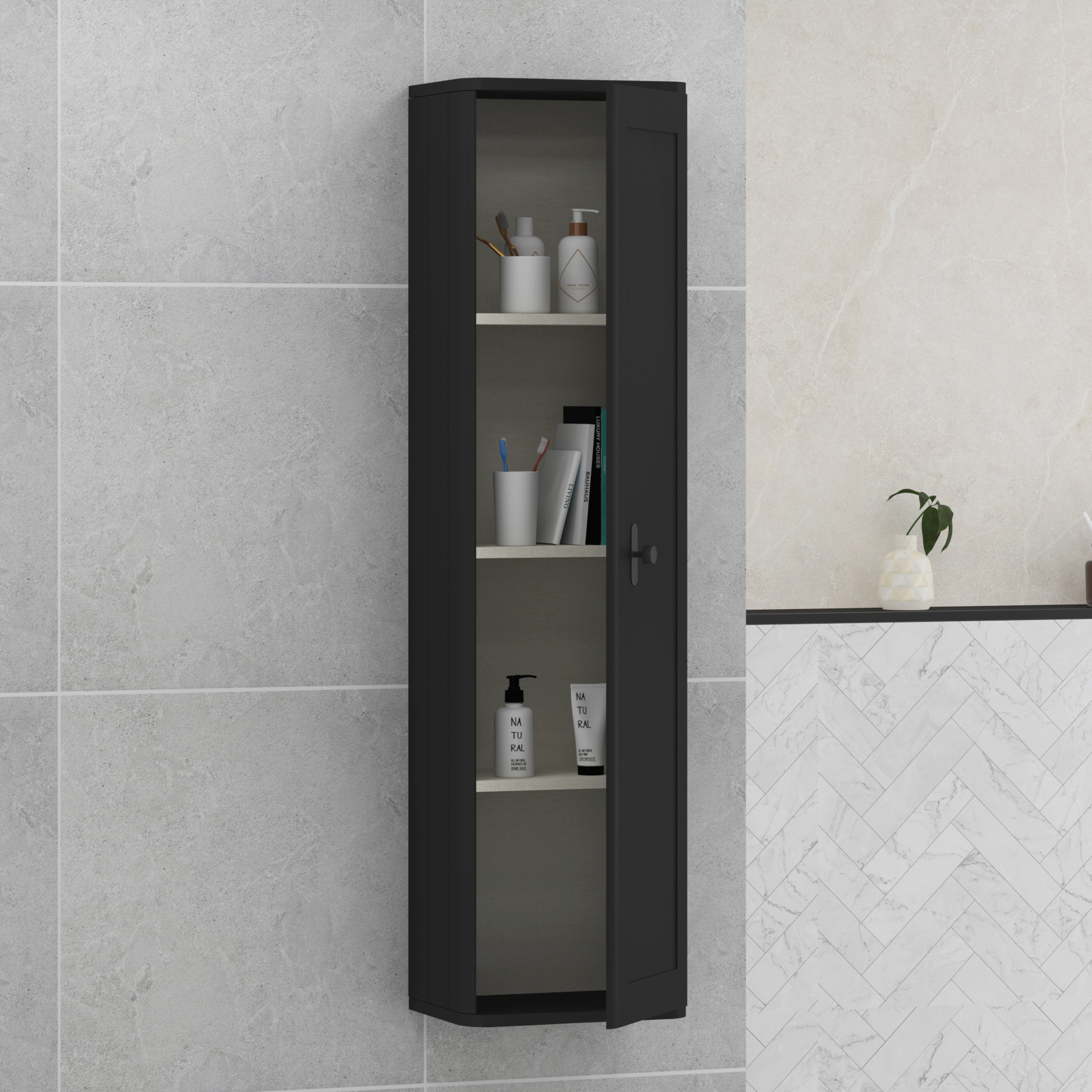 Henley 1390mm Matt Nocturne Black 1-Door Wall Hung Tall Boy Cabinet Unit with Matt Black Knob