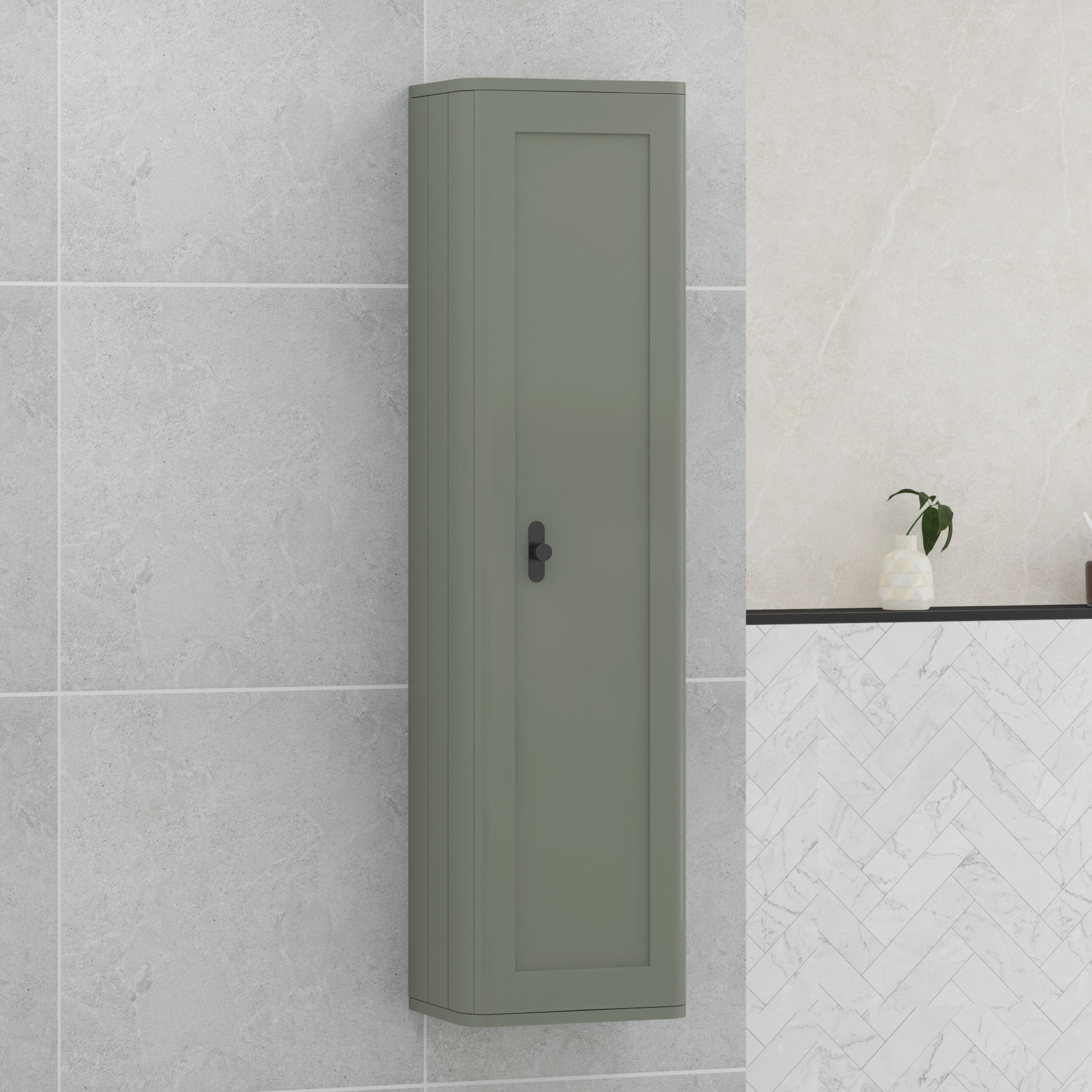 Henley 1390mm Sage Green 1-Door Wall Hung Tall Boy Cabinet Unit with Multiples Knob