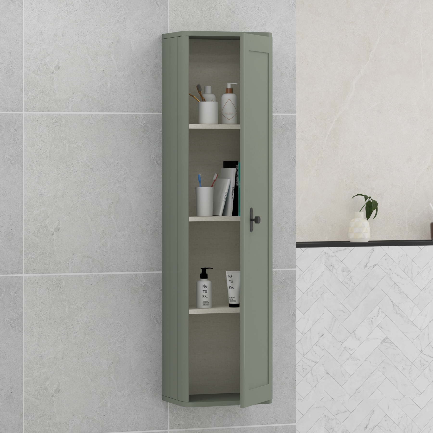 Henley 1390mm Sage Green 1-Door Wall Hung Tall Boy Cabinet Unit with Matt Black Knob