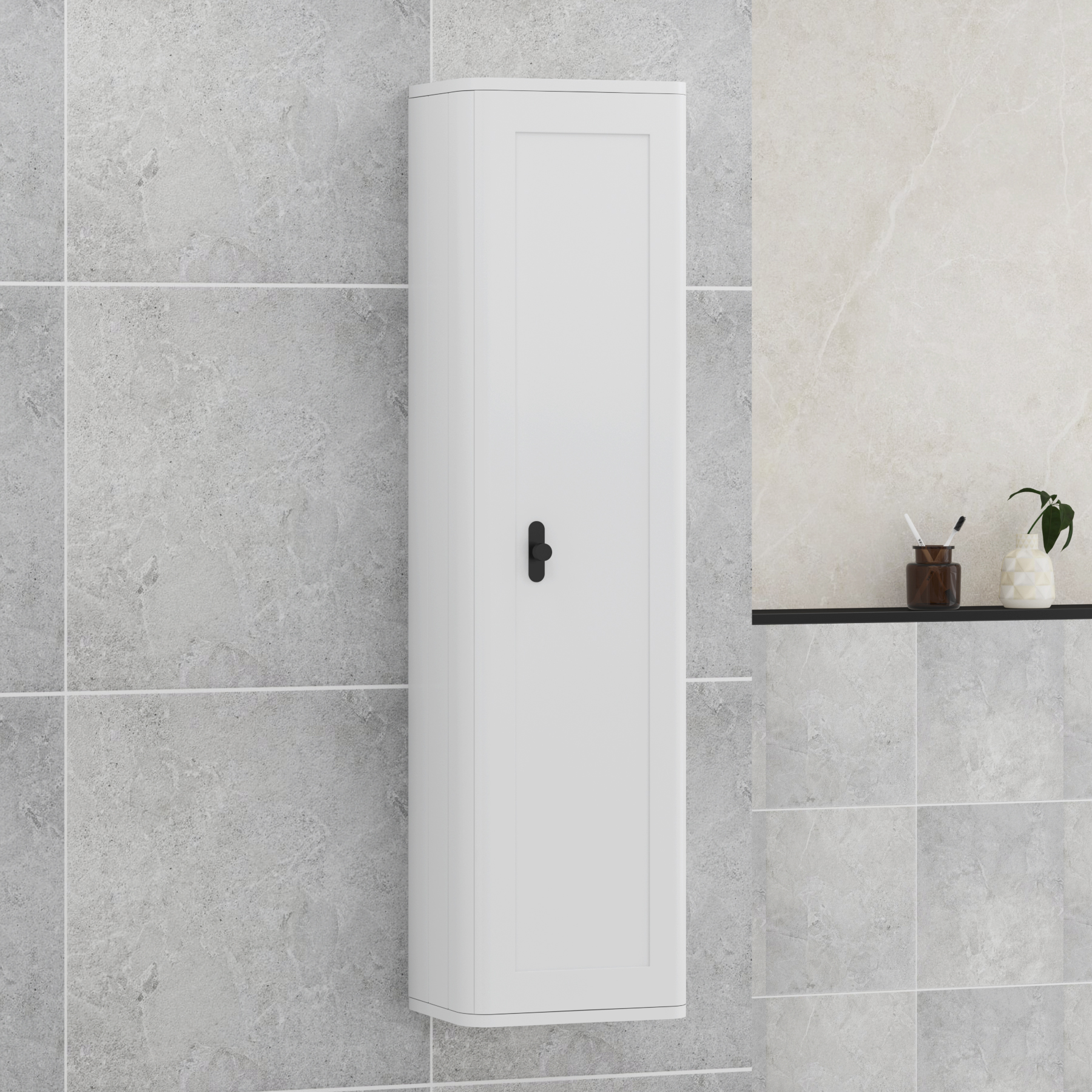 Henley 1390mm Satin White 1-Door Wall Hung Tall Boy Cabinet Unit with Multiples Knob