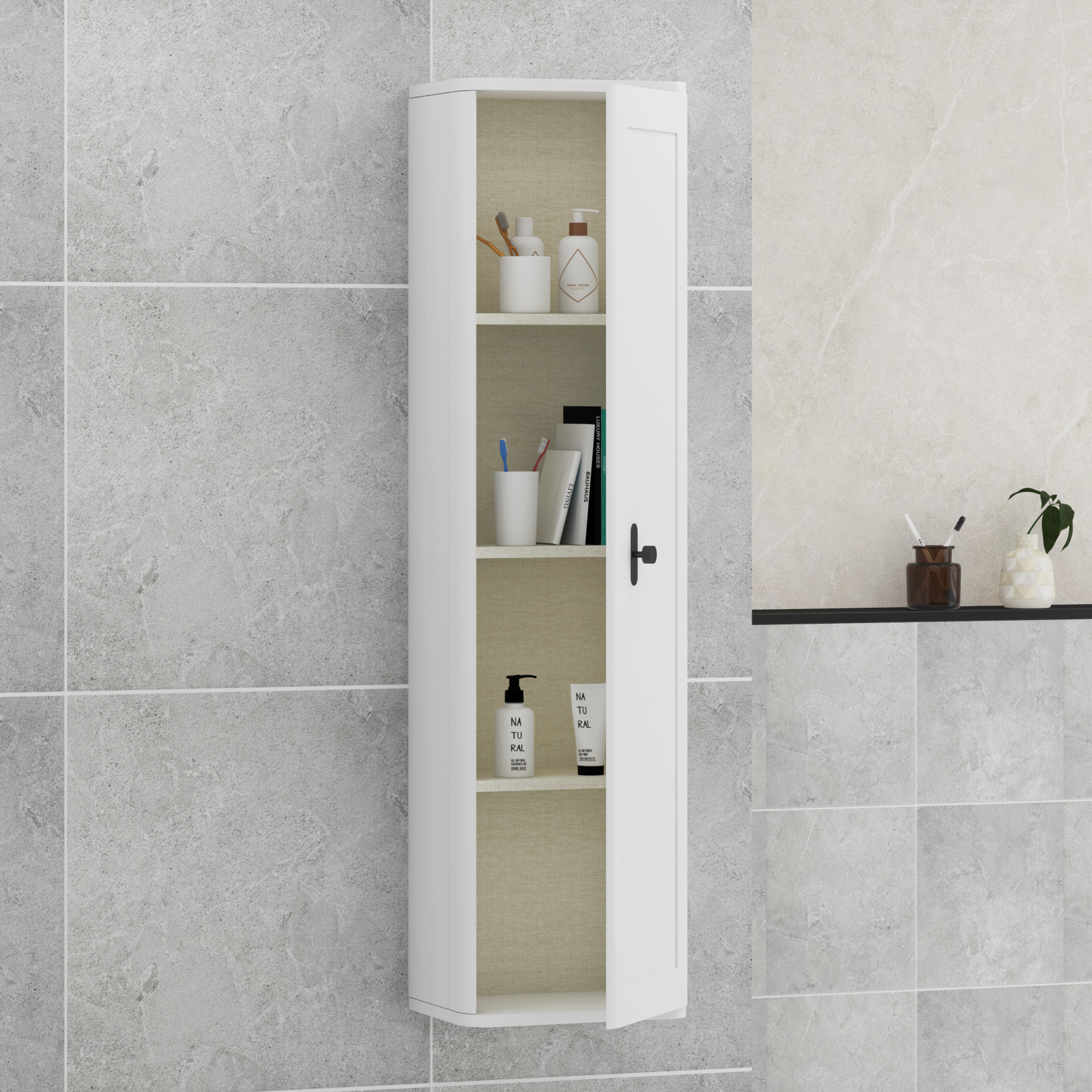 Henley 1390mm Satin White 1-Door Wall Hung Tall Boy Cabinet Unit with Multiples Knob