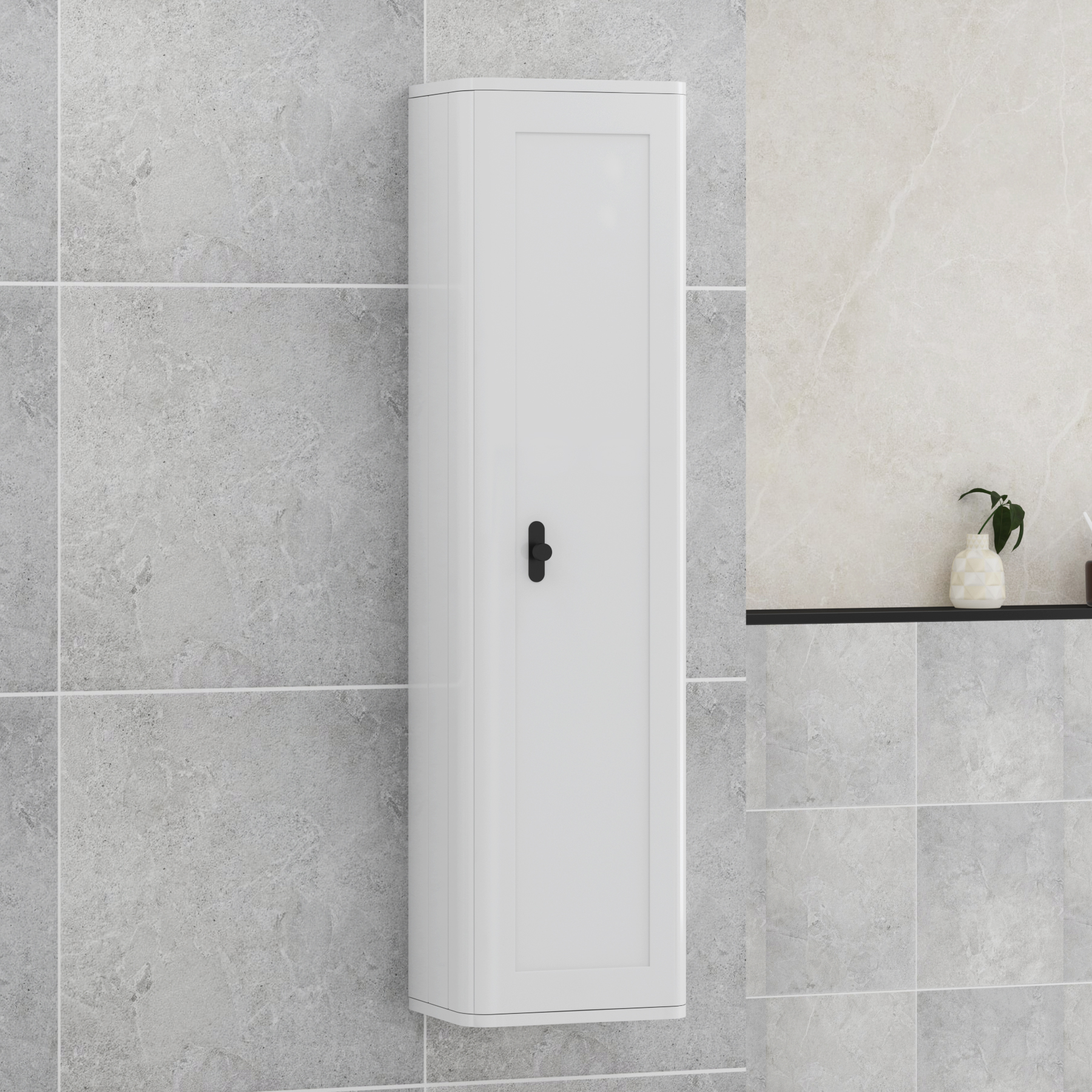 Henley 1390mm Gloss White 1-Door Wall Hung Tall Boy Cabinet Unit with Multiples Knob
