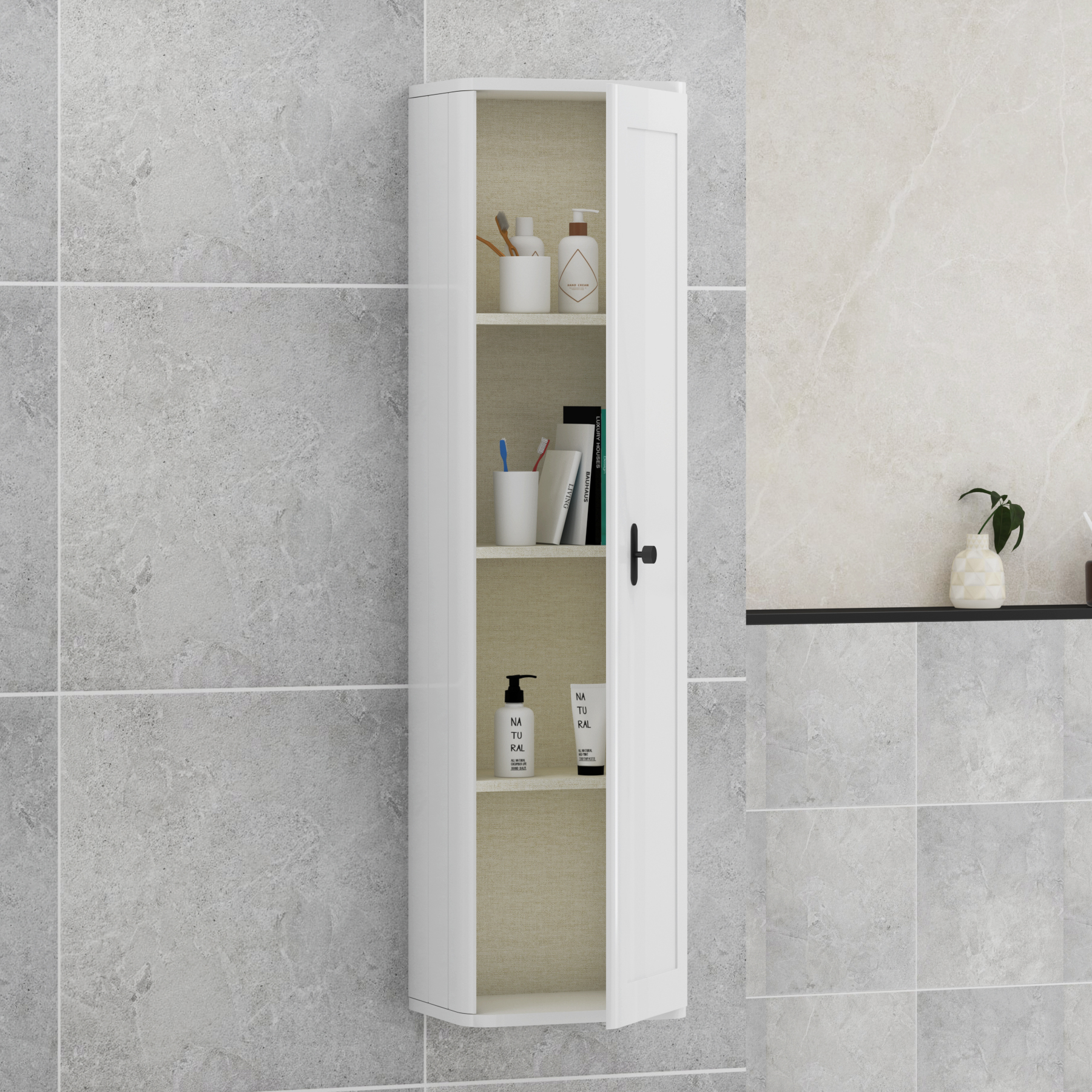Henley 1390mm Gloss White 1-Door Wall Hung Tall Boy Cabinet Unit with Matt Black Knob