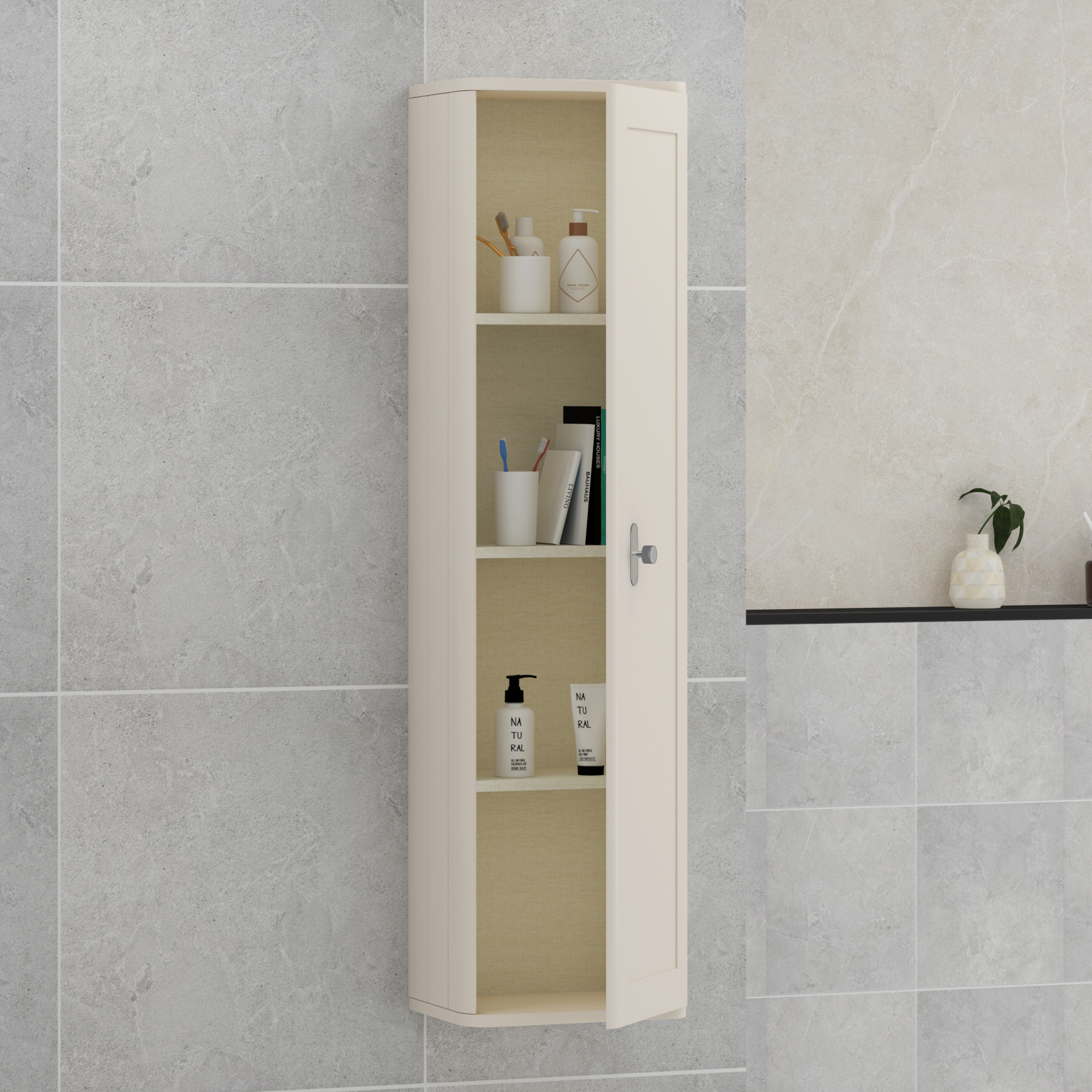 Henley 1390mm Mushroom Cashmere 1-Door Wall Hung Tall Boy Cabinet Unit with Chrome Knob