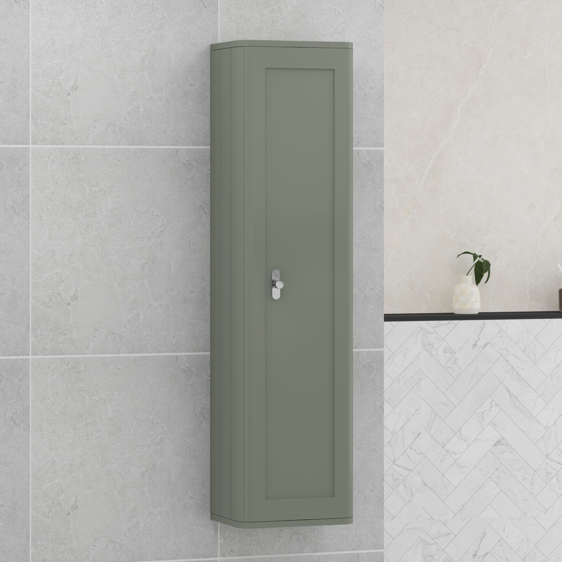 Henley 1390mm Sage Green 1-Door Wall Hung Tall Boy Cabinet Unit with Chrome Knob
