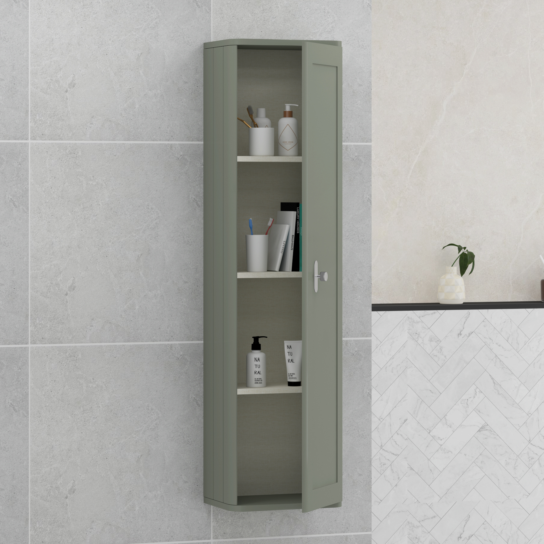 Henley 1390mm Sage Green 1-Door Wall Hung Tall Boy Cabinet Unit with Chrome Knob