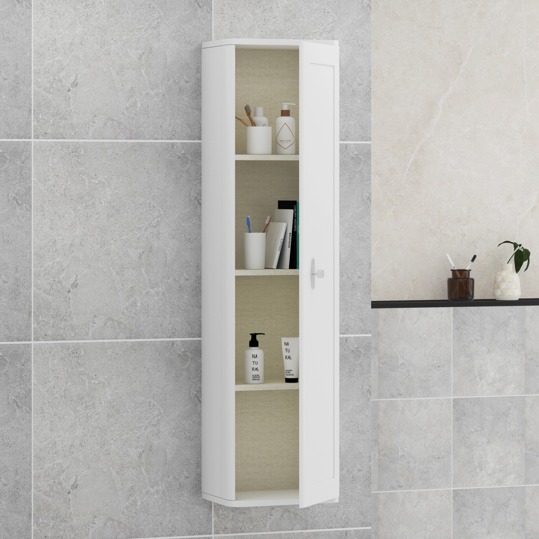 Henley 1390mm Satin White 1-Door Wall Hung Tall Boy Cabinet Unit with Multiples Knob