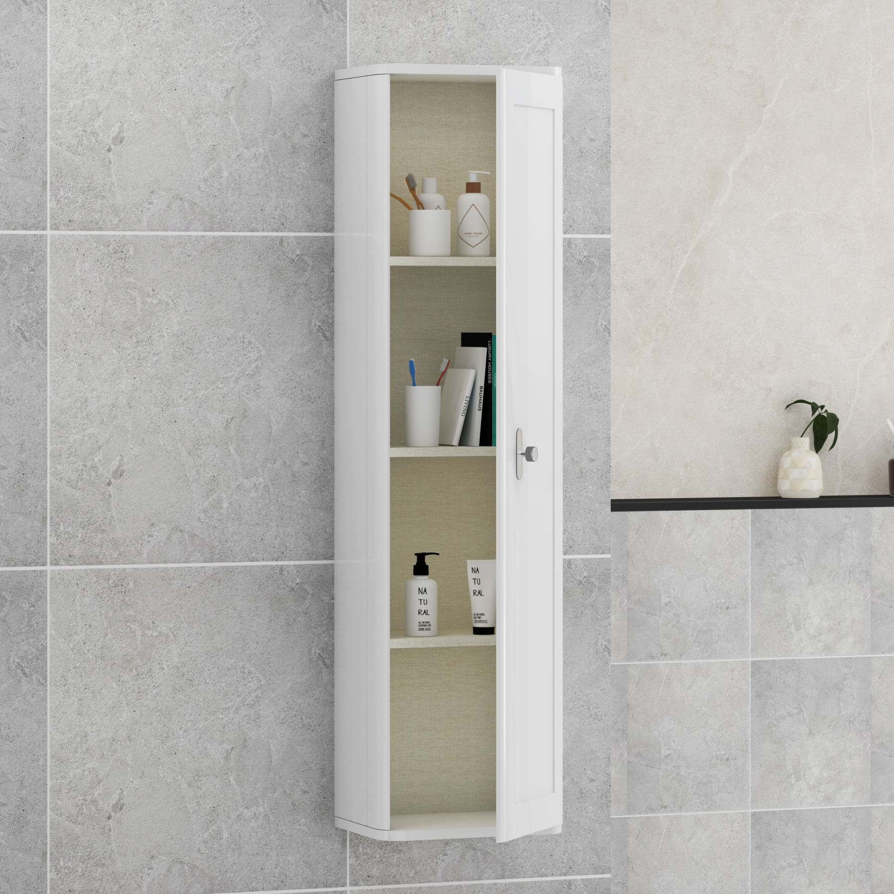 Henley 1390mm Gloss White 1-Door Wall Hung Tall Boy Cabinet Unit with Chrome Knob