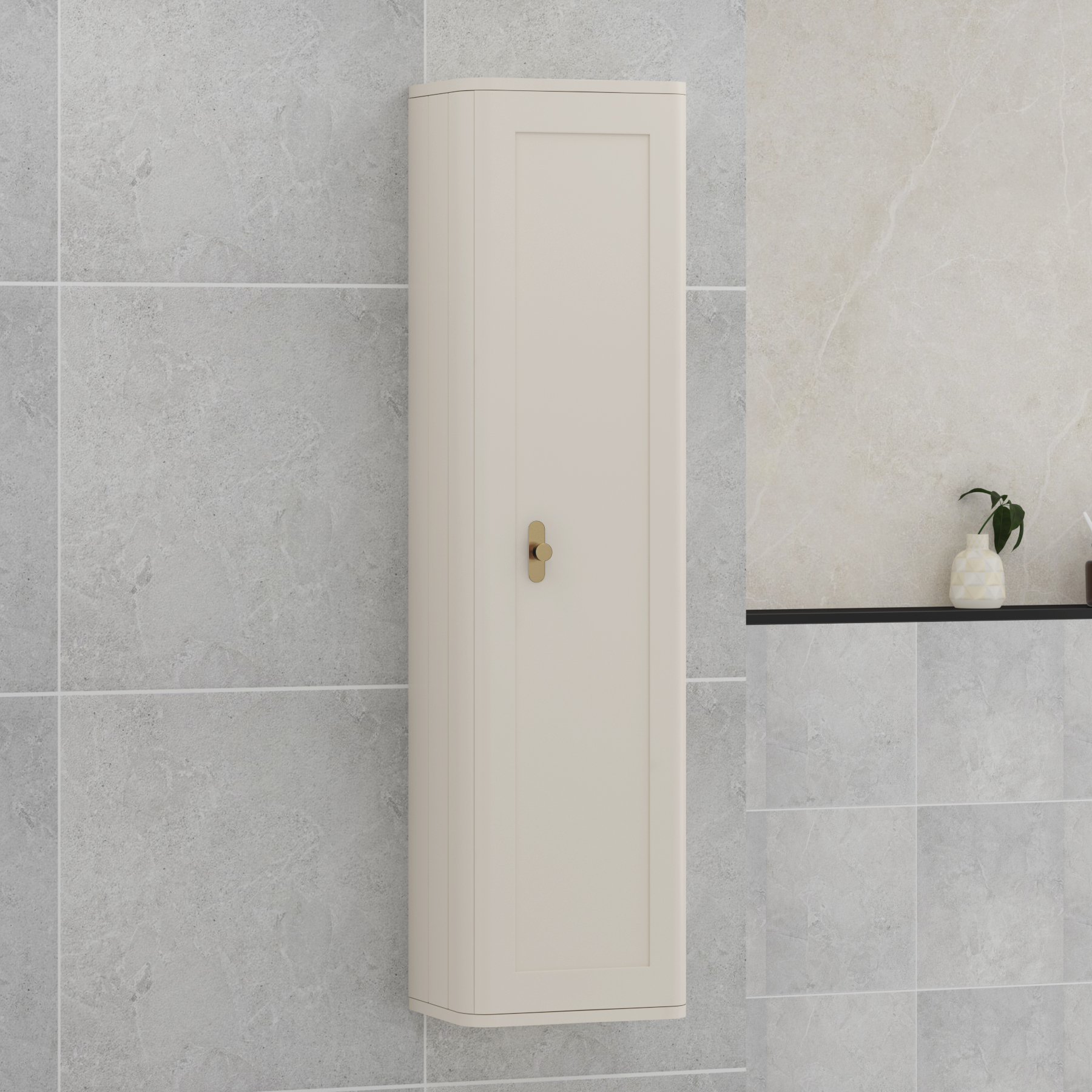 Henley 1390mm Mushroom Cashmere 1-Door Wall Hung Tall Boy Cabinet Unit with Multiples Knob