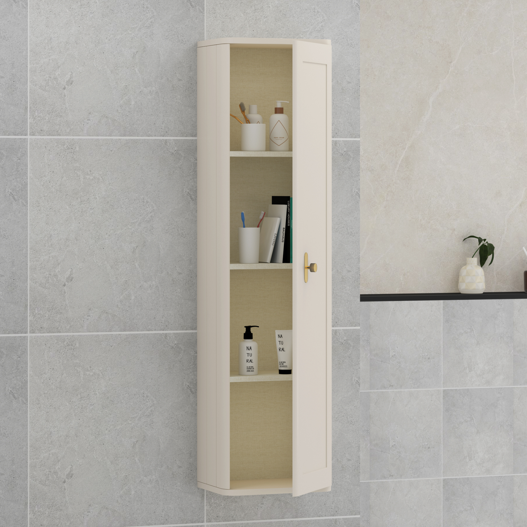 Henley 1390mm Mushroom Cashmere 1-Door Wall Hung Tall Boy Cabinet Unit with Brushed Brass Knob
