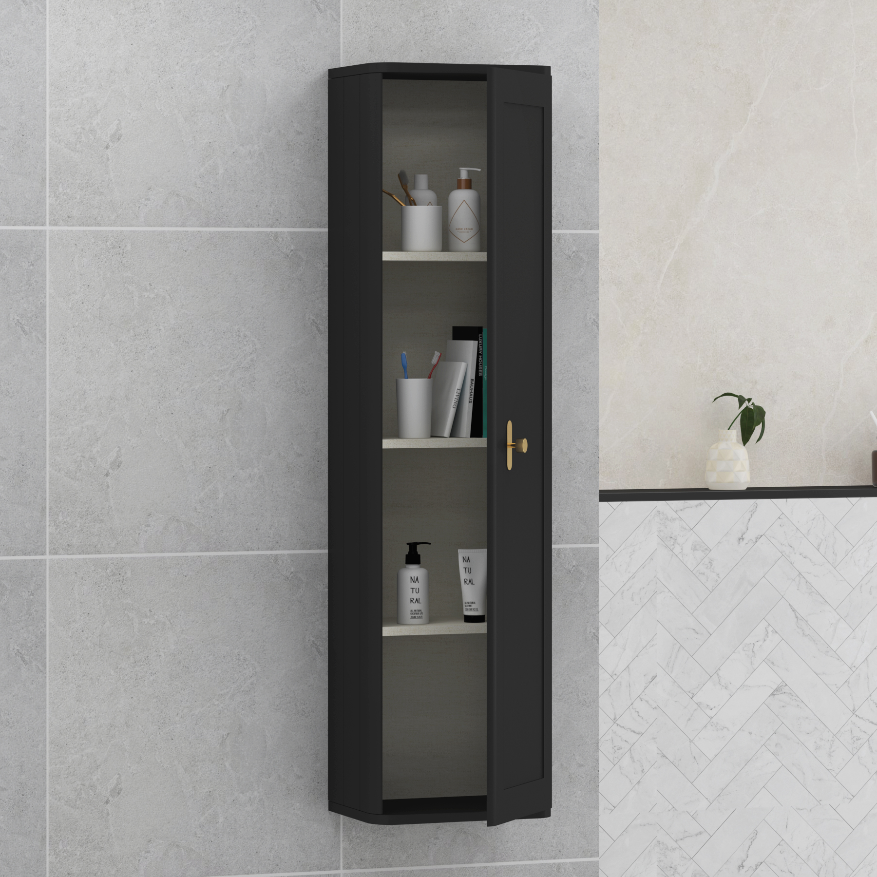 Henley 1390mm Matt Nocturne Black 1-Door Wall Hung Tall Boy Cabinet Unit with Brushed Brass Knob