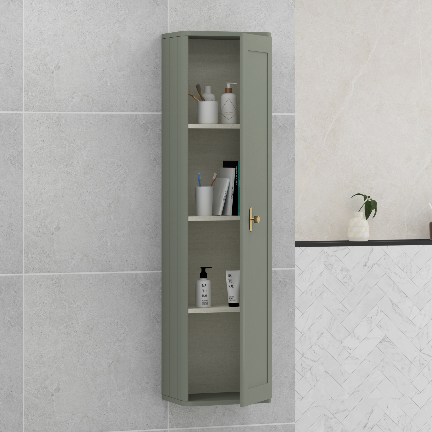 Henley 1390mm Sage Green 1-Door Wall Hung Tall Boy Cabinet Unit with Brushed Brass Knob