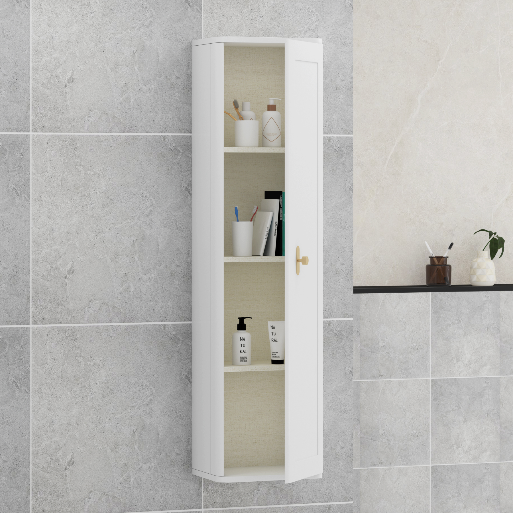 Henley 1390mm Satin White 1-Door Wall Hung Tall Boy Cabinet Unit with Multiples Knob