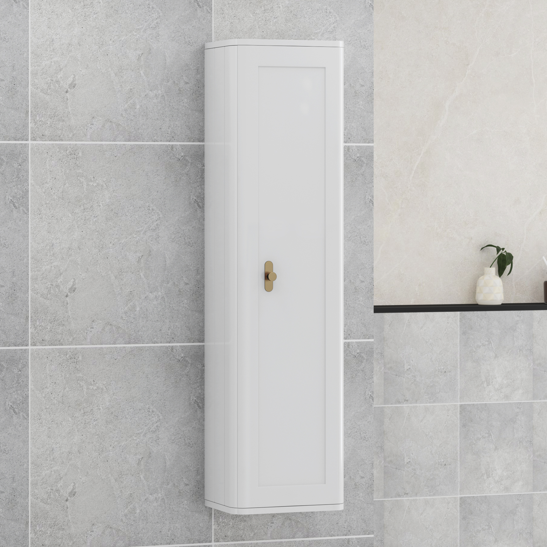 Henley 1390mm Gloss White 1-Door Wall Hung Tall Boy Cabinet Unit with Brushed Brass Knob