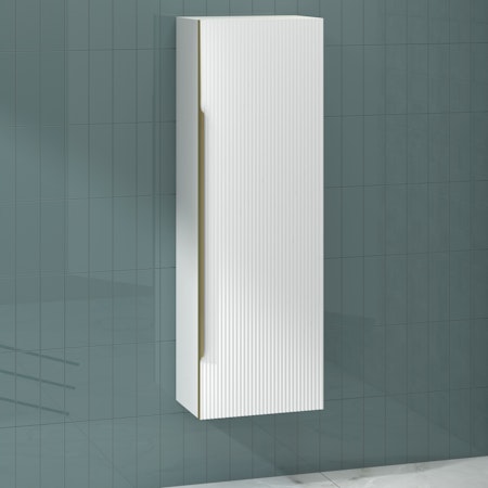 Lyon 1200 x 400mm Gloss White Single Door Brushed Brass Handle Wall Hung Tall Unit