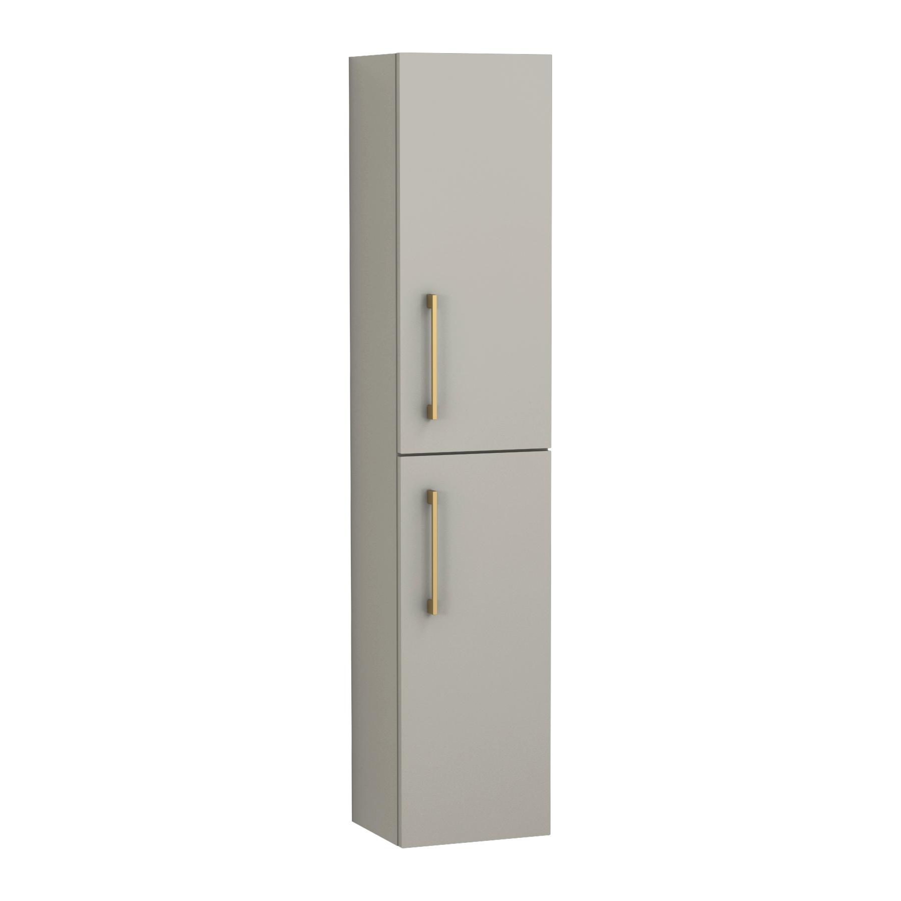 Modena 300mm Satin Grey 2 Door Wall Hung Tall Boy Brushed Brass Handle Cabinet Storage Unit