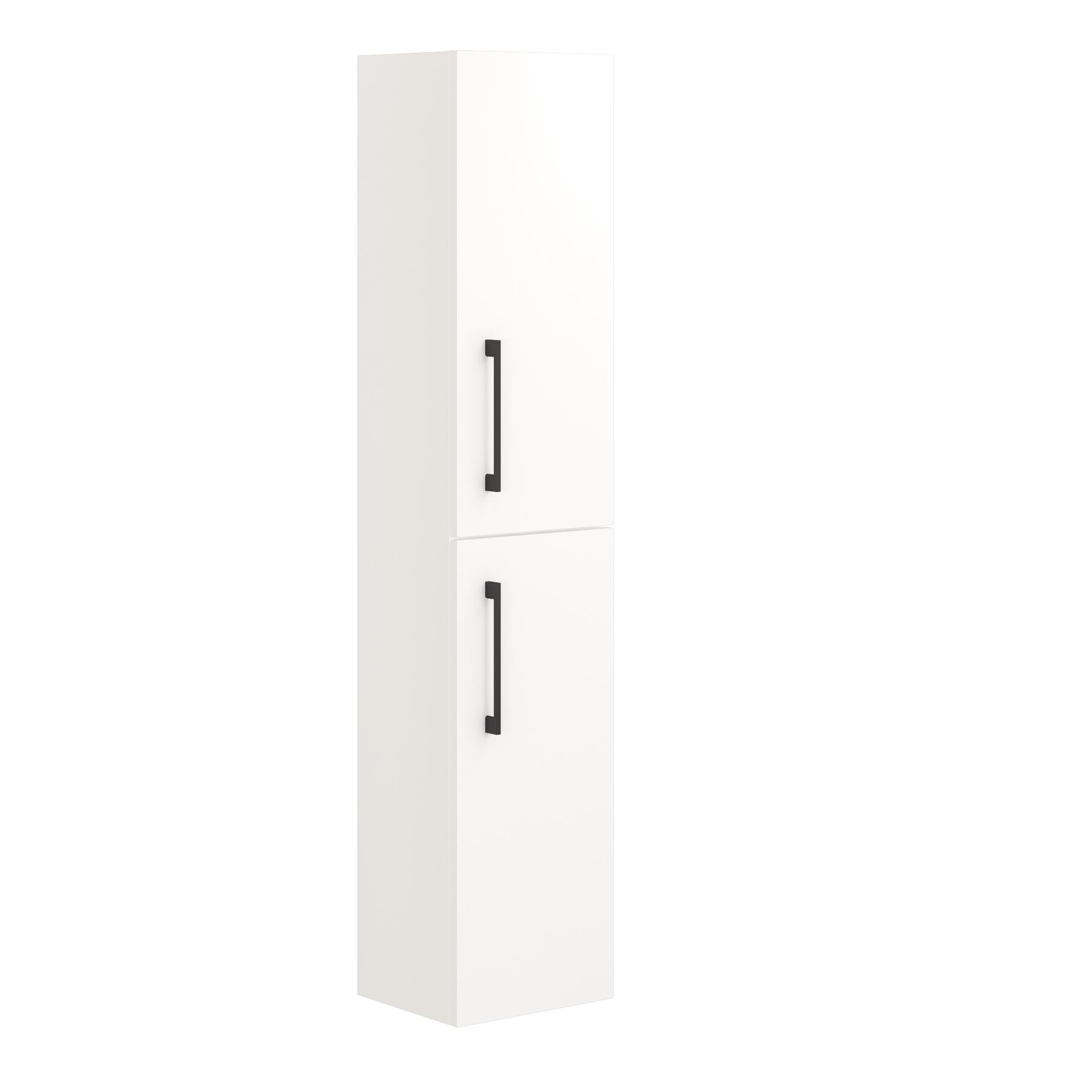 Modena 300mm Satin White 2 Door Wall Hung Tall Boy Black Handle Cabinet Storage Unit