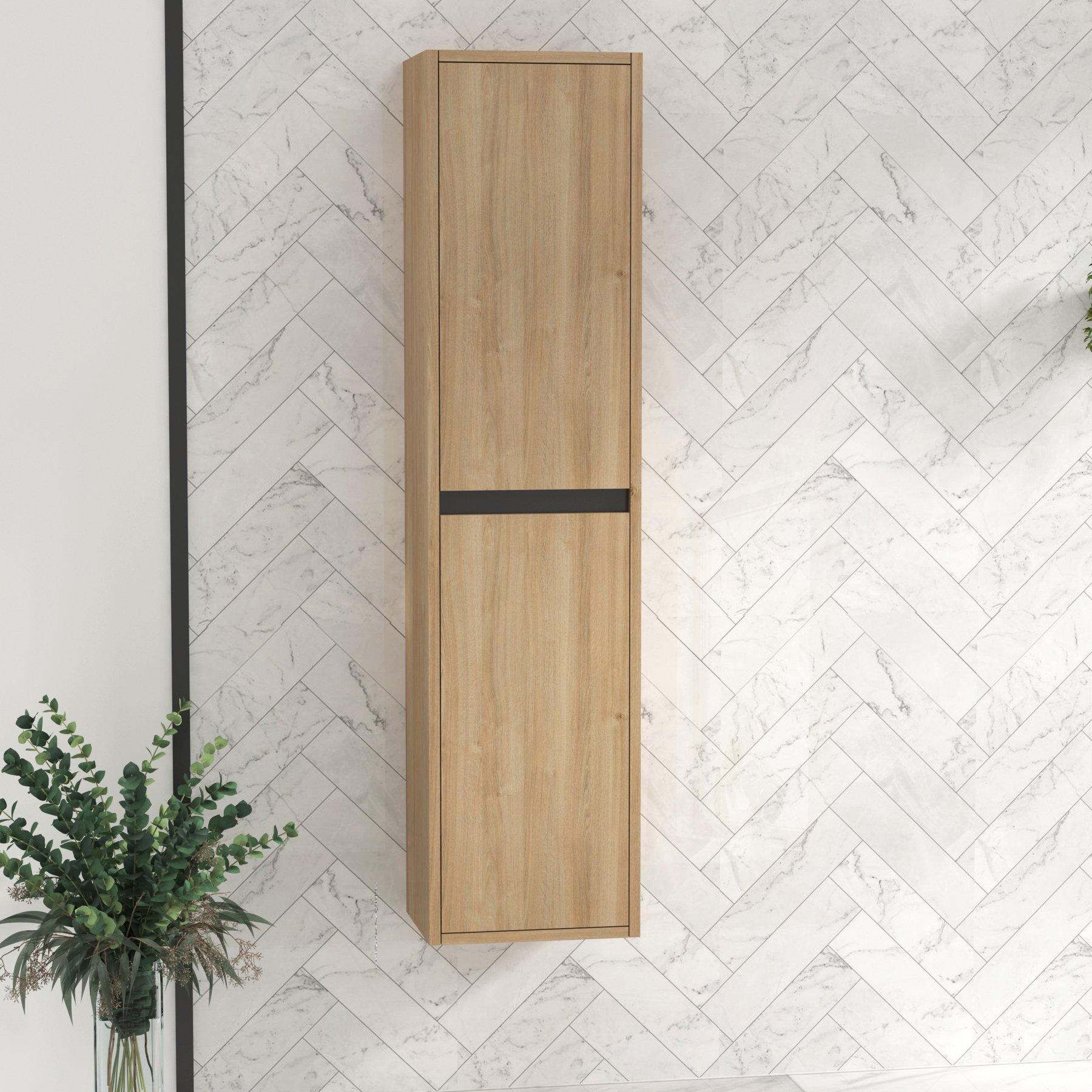 Orion 1440mm Natural Oak 2-Door Wall Hung Tall Boy Cabinet Unit with Black Accent Trim