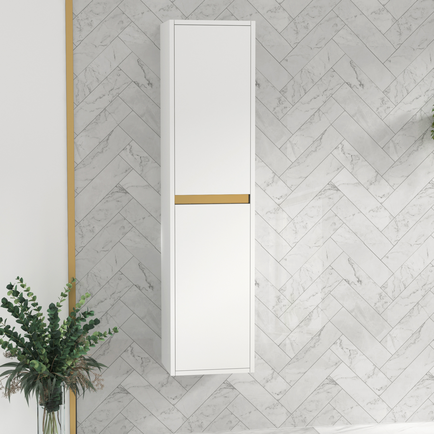 Orion 1440mm Matt White 2-Door Wall Hung Tall Boy Cabinet Unit with Brushed Brass Accent Trim