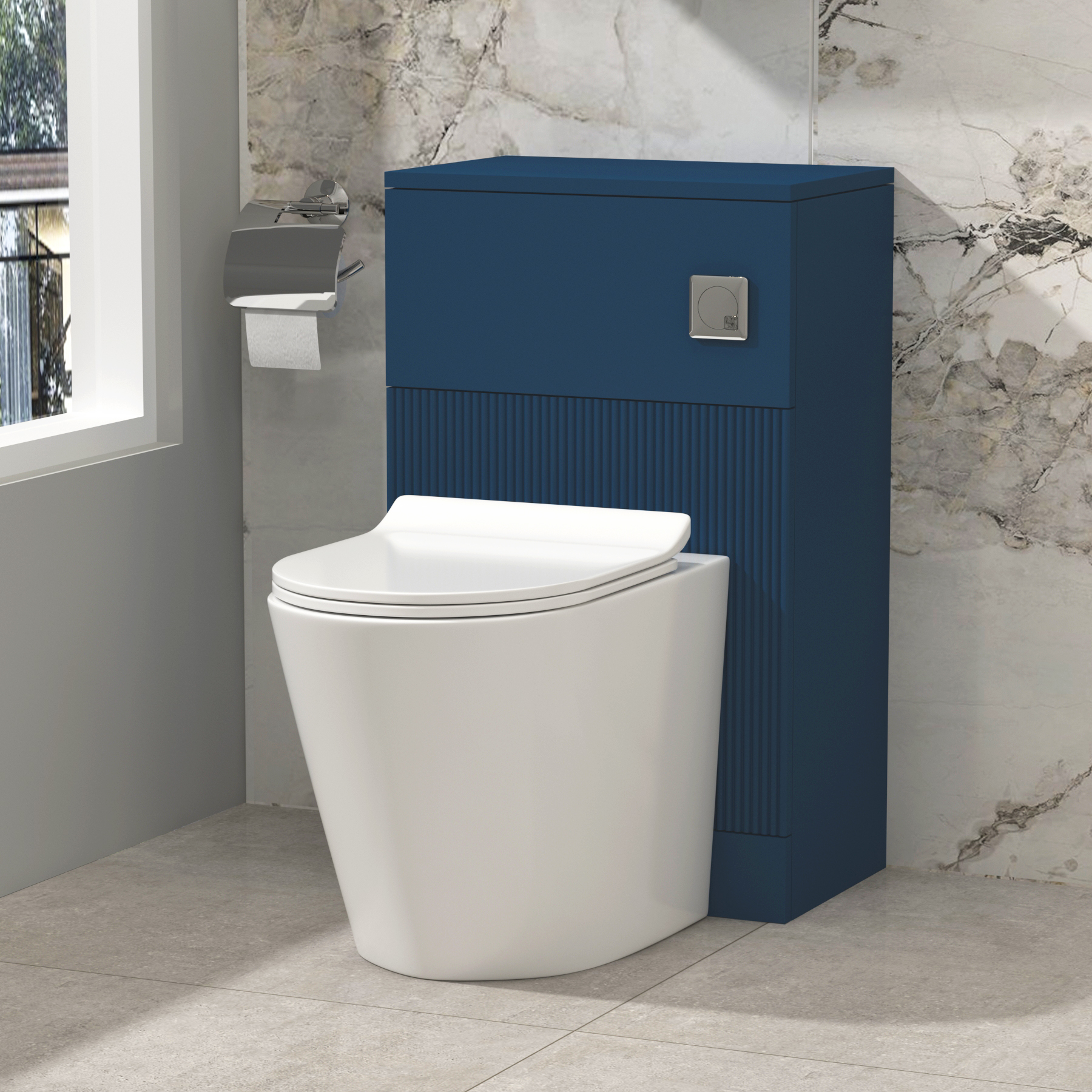 Evora 500mm Satin Blue Fluted BTW WC Unit with Cesar Rimless Toilet Pan & Slim Seat, Cistern