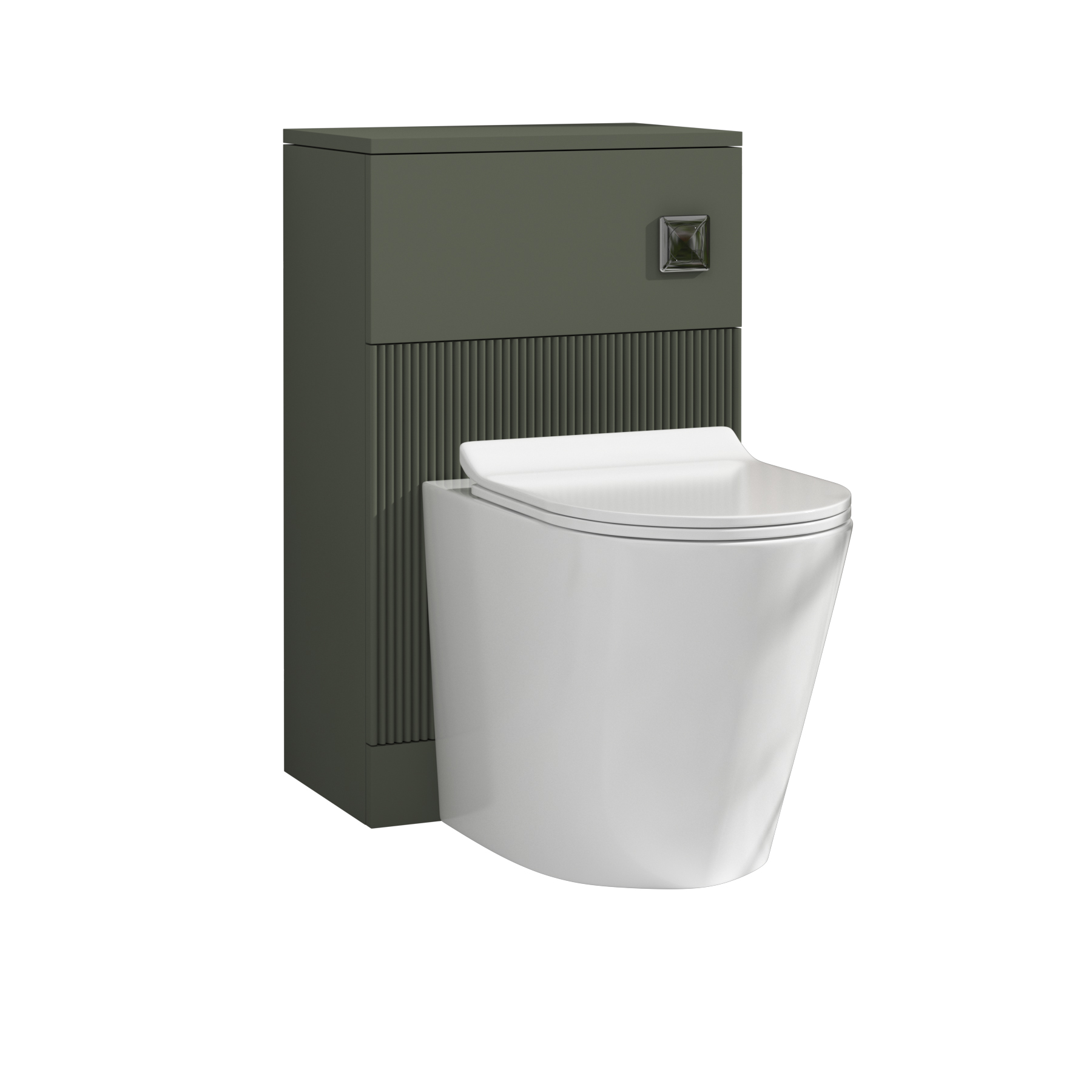 Evora 500mm Sage Green Fluted BTW WC Unit with Cesar Rimless Toilet Pan & Slim Seat, Cistern