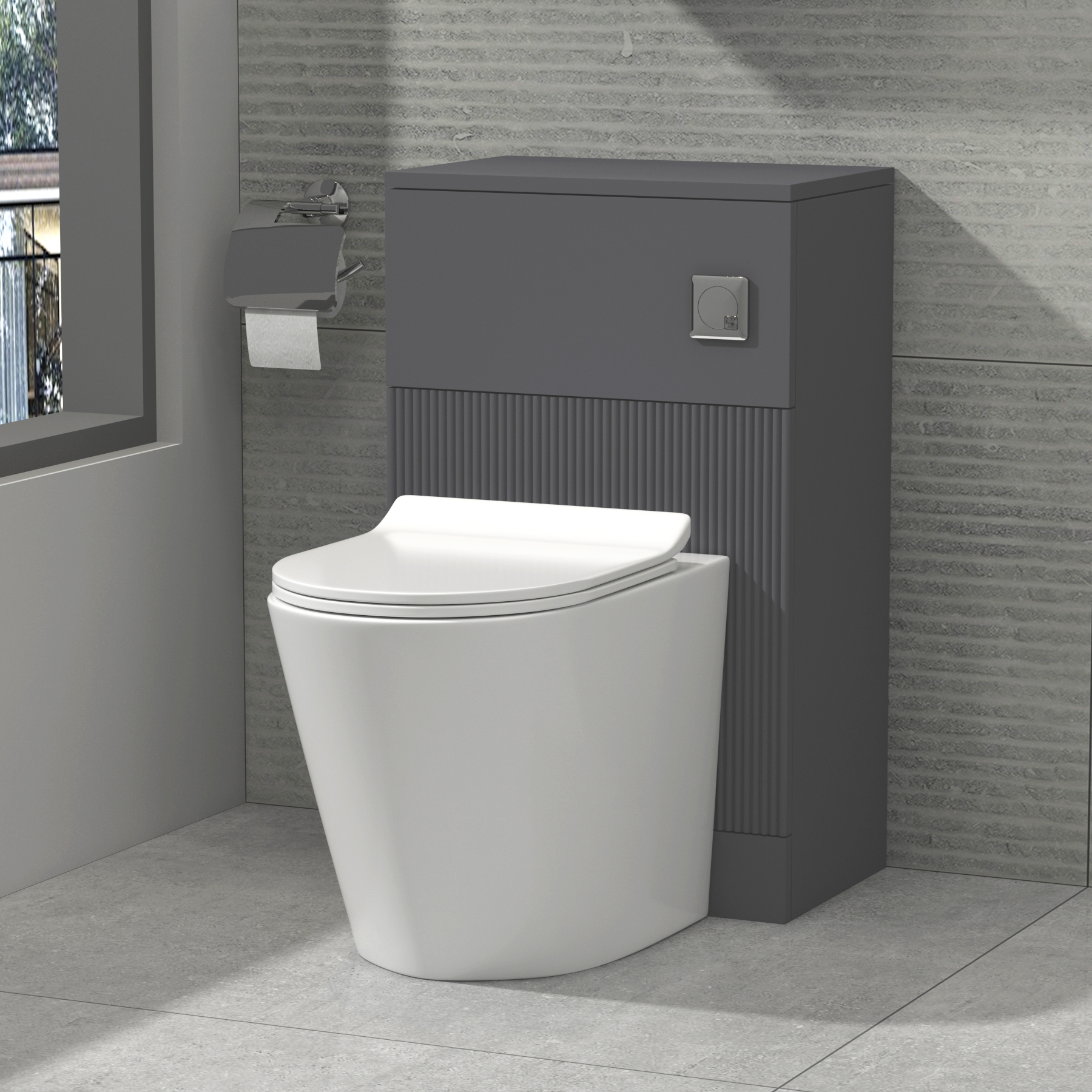 Evora 500mm Satin Grey Fluted BTW WC Unit with Cesar Rimless Toilet Pan & Slim Seat, Cistern