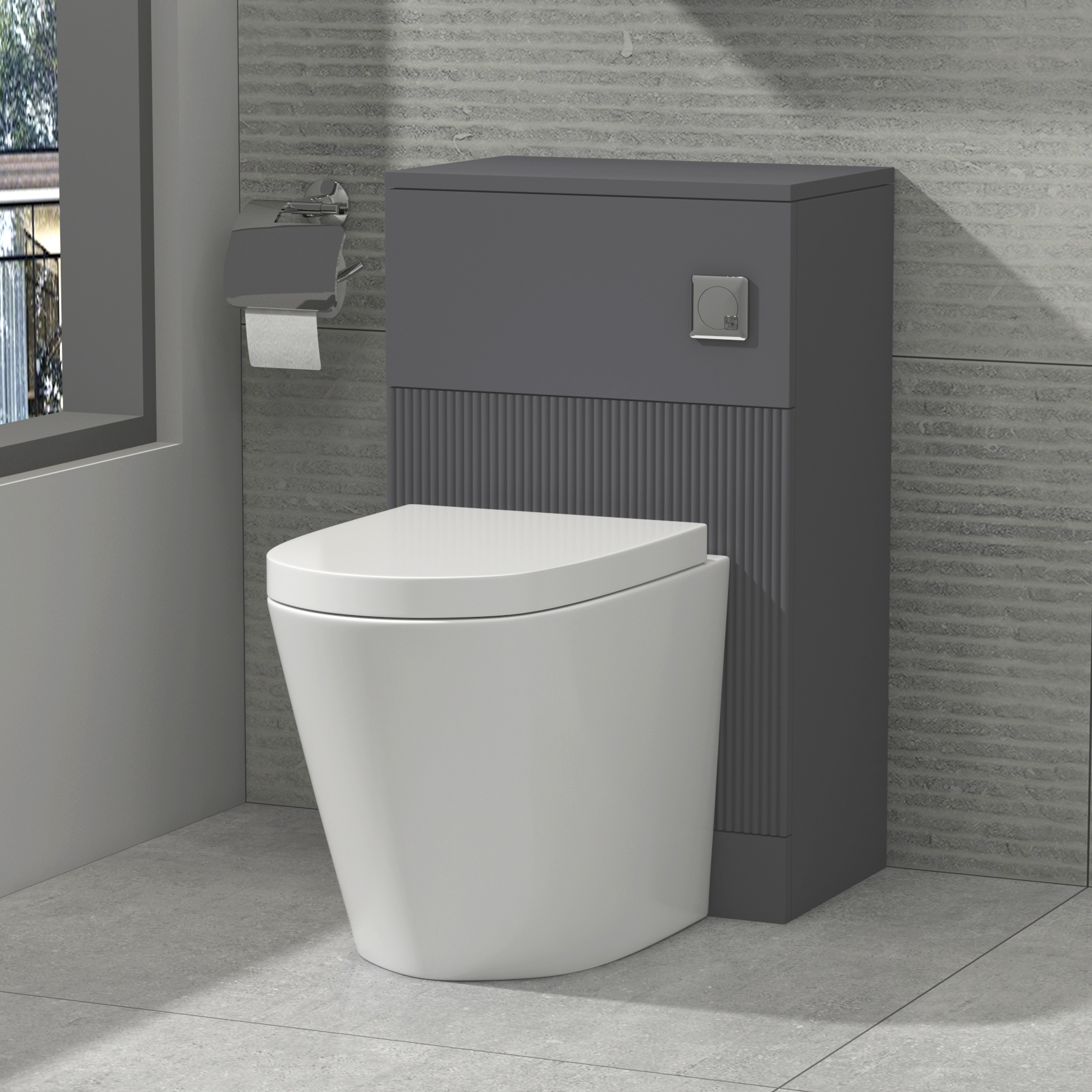 Evora 500mm Satin Grey Fluted BTW WC Unit with Cesar Rimless Toilet Pan & Seat, Cistern