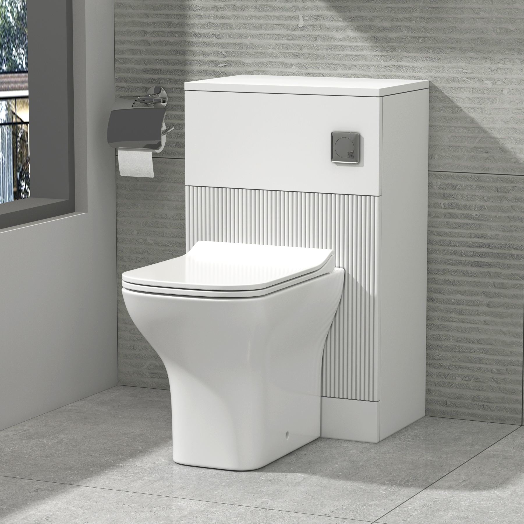 Evora 500mm Satin White Fluted BTW WC Unit with Qubix Toilet Pan & Slim Seat, Cistern