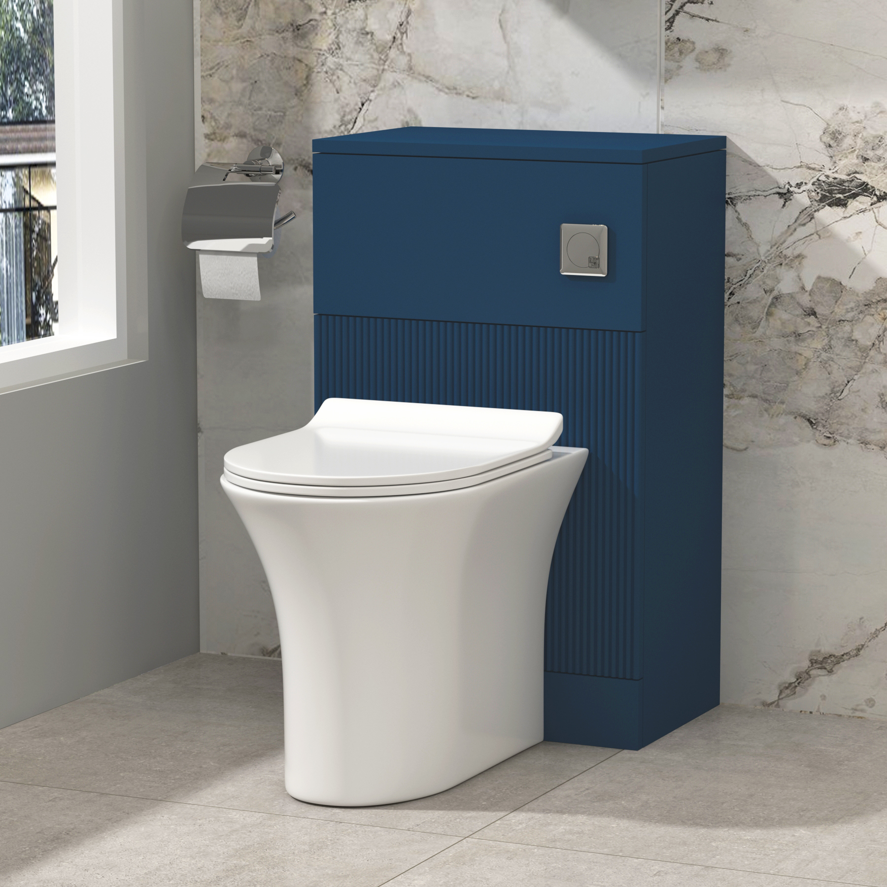 Evora 500mm Satin Blue Fluted BTW WC Unit with Breeze Rimless Toilet Pan & Slim Seat, Cistern
