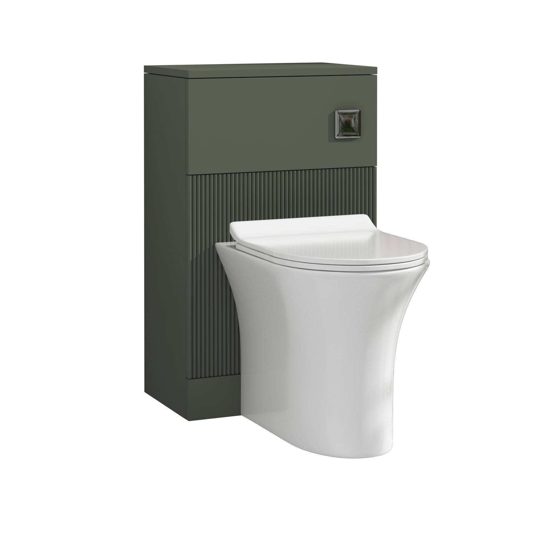 Evora 500mm Sage Green Fluted BTW WC Unit with Breeze Rimless Toilet Pan & Slim Seat, Cistern