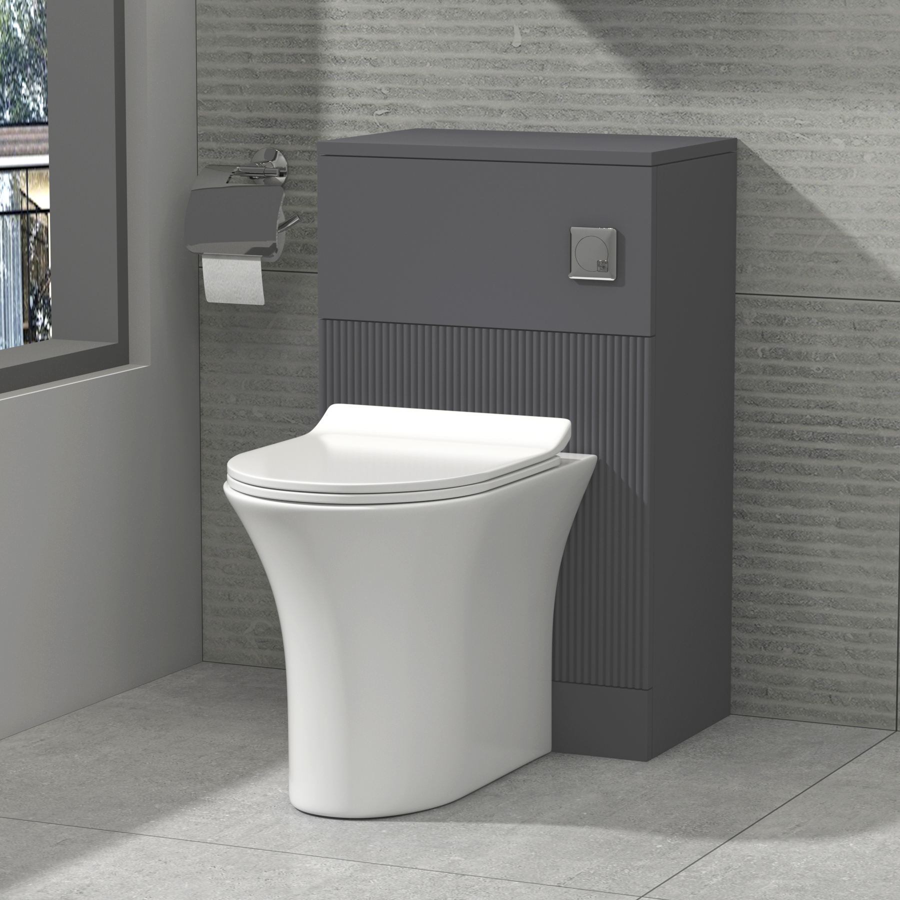 Evora 500mm Satin Grey Fluted BTW WC Unit with Breeze Rimless Toilet Pan & Slim Seat, Cistern