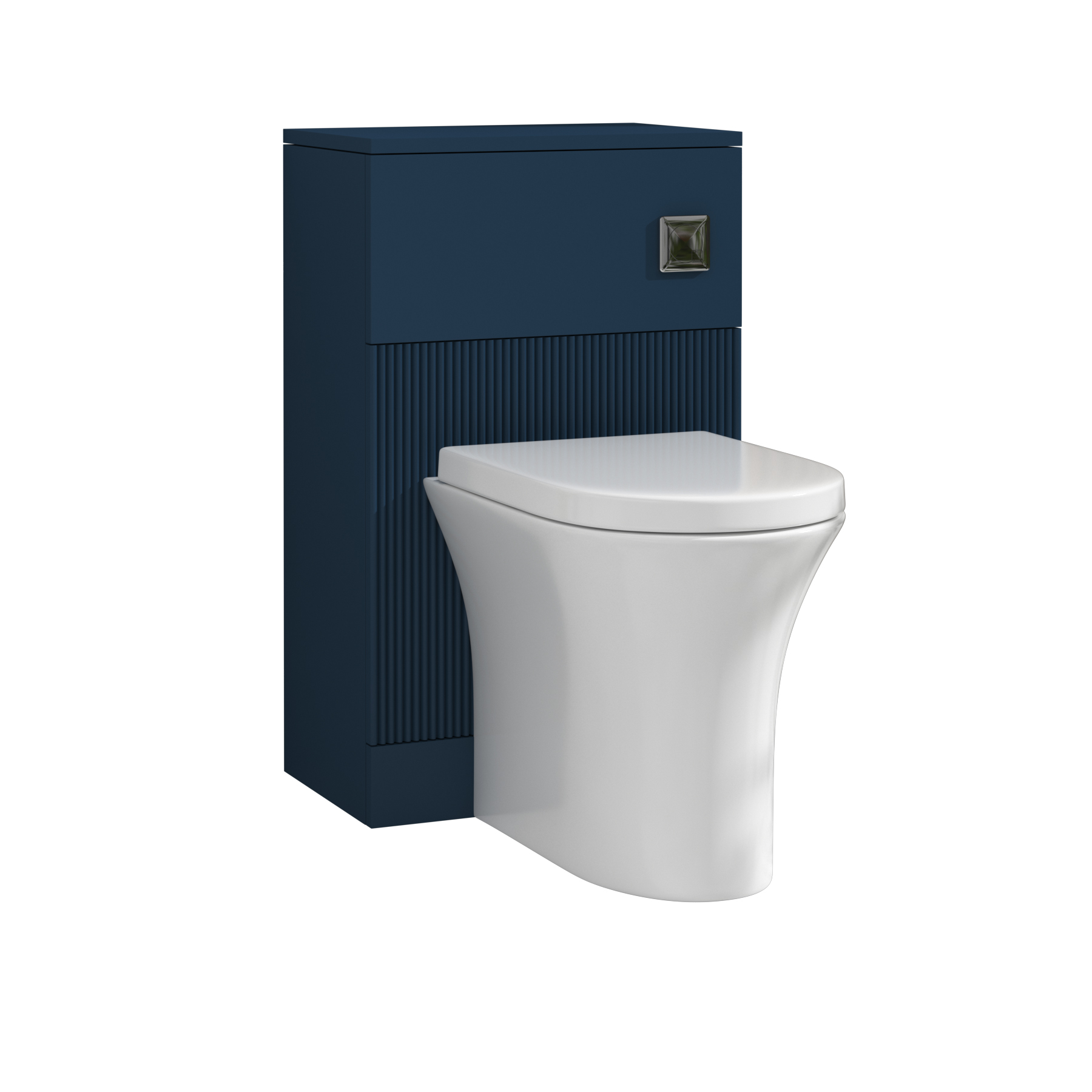 Evora 500mm Midnight Blue Fluted BTW WC Unit with Breeze Rimless Toilet Pan & Seat, Cistern