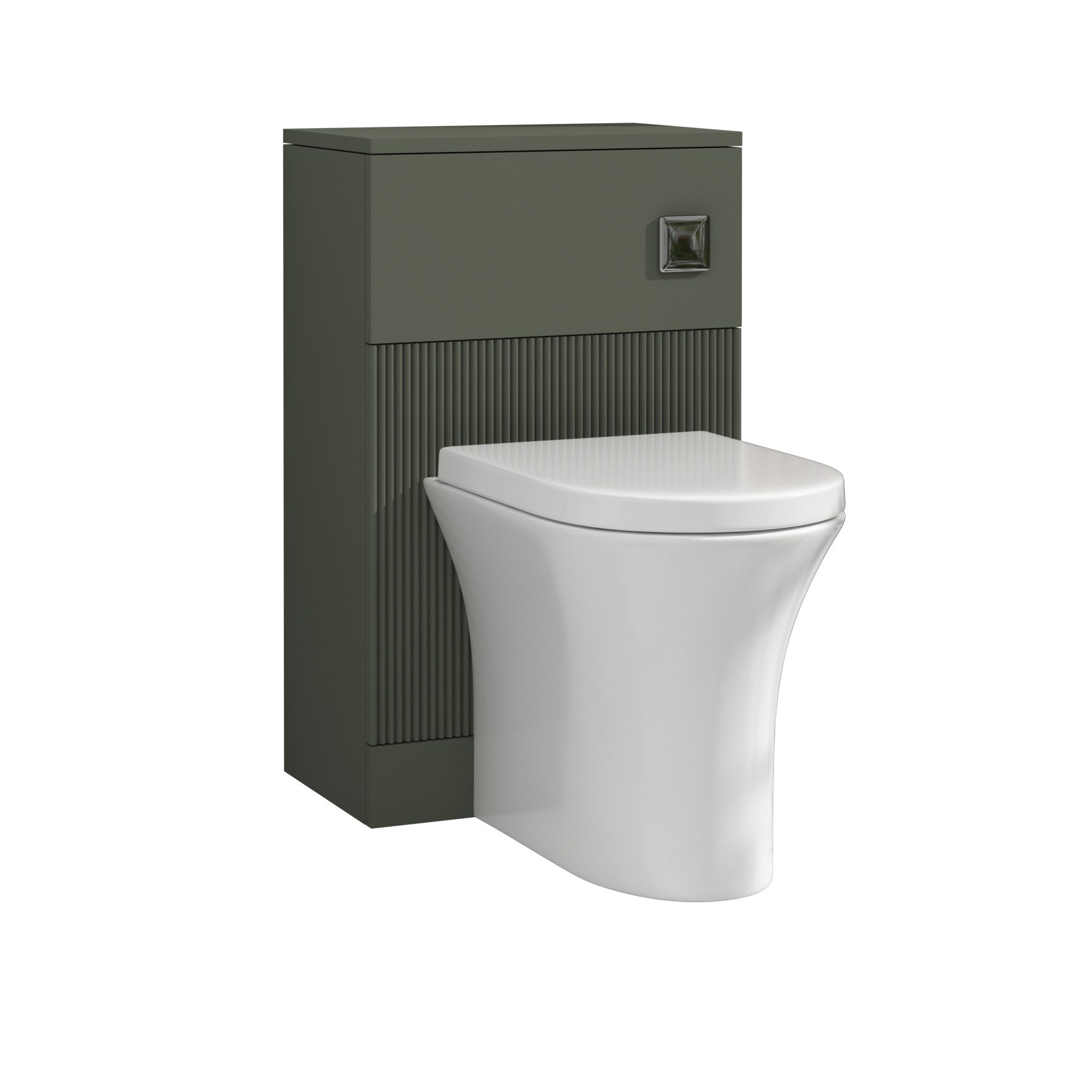 Evora 500mm Sage Green Fluted BTW WC Unit with Breeze Rimless Toilet Pan & Seat, Cistern