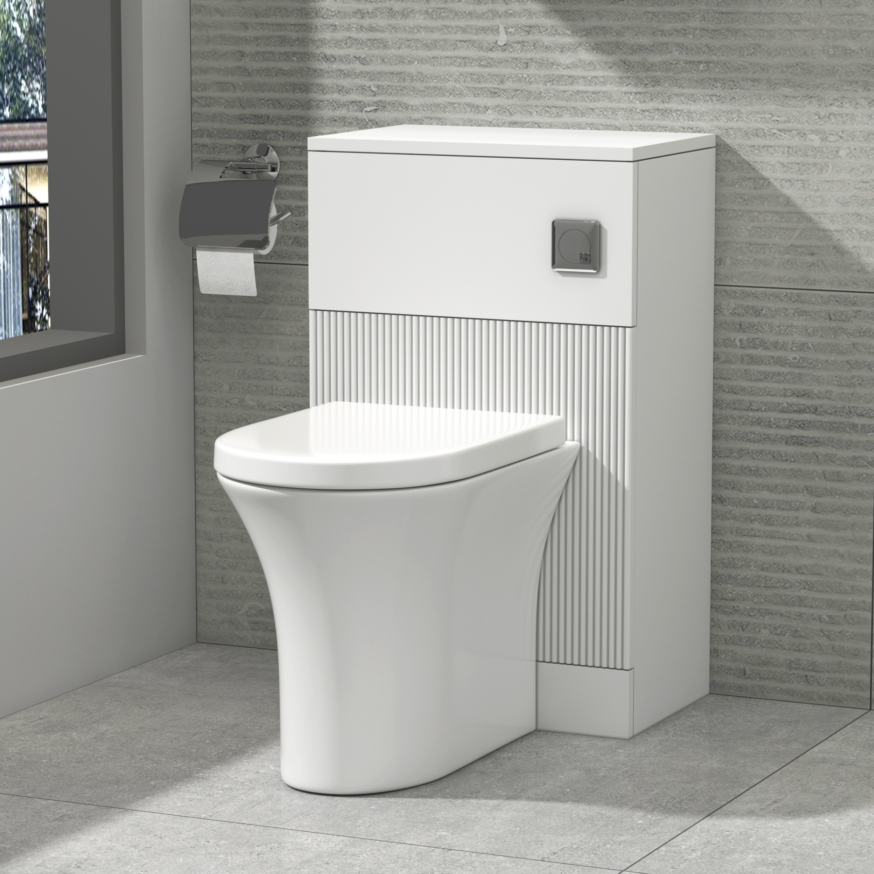 Evora 500mm Satin White Fluted BTW WC Unit with Breeze Rimless Toilet Pan & Seat, Cistern