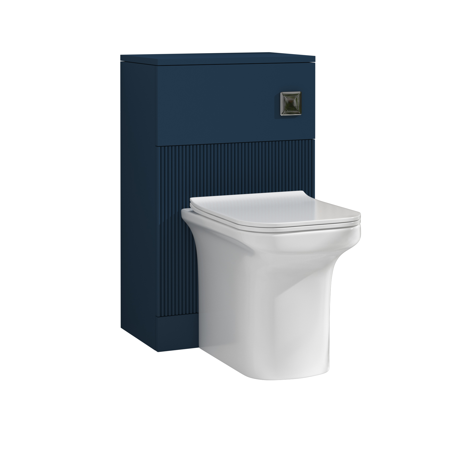 Evora 500mm Midnight Blue Fluted BTW WC Unit with Crosby Rimless Toilet Pan & Seat, Cistern